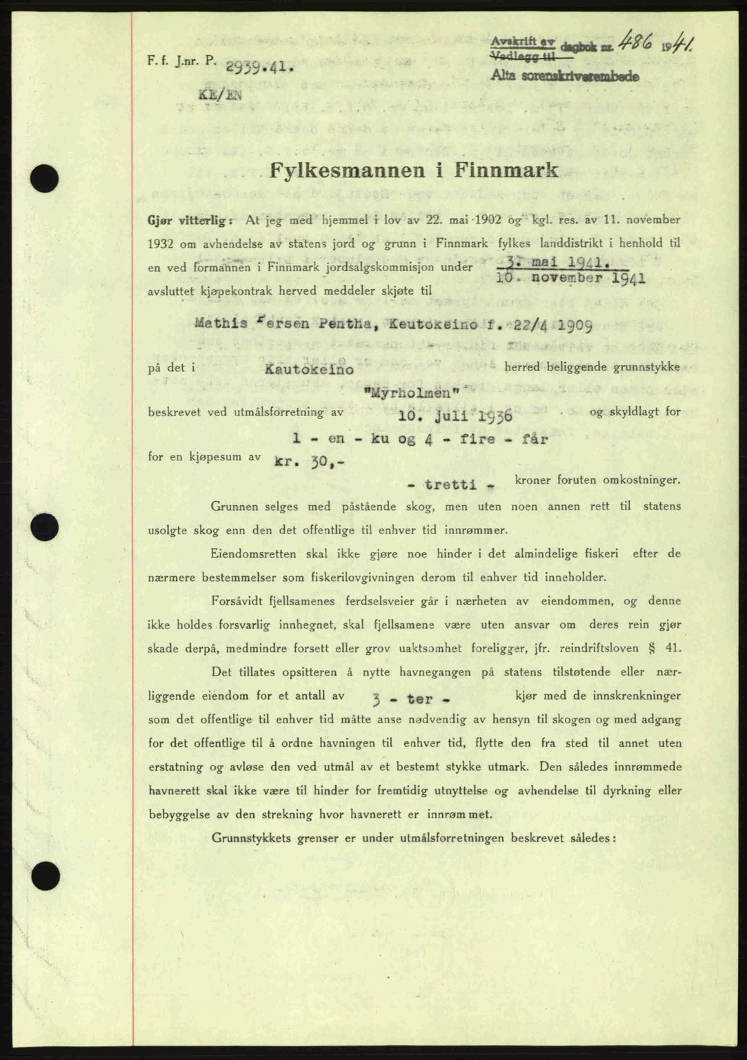 Alta fogderi/sorenskriveri, SATØ/SATØ-5/1/K/Kd/L0033pantebok: Mortgage book no. 33, 1940-1943, Diary no: : 486/1941