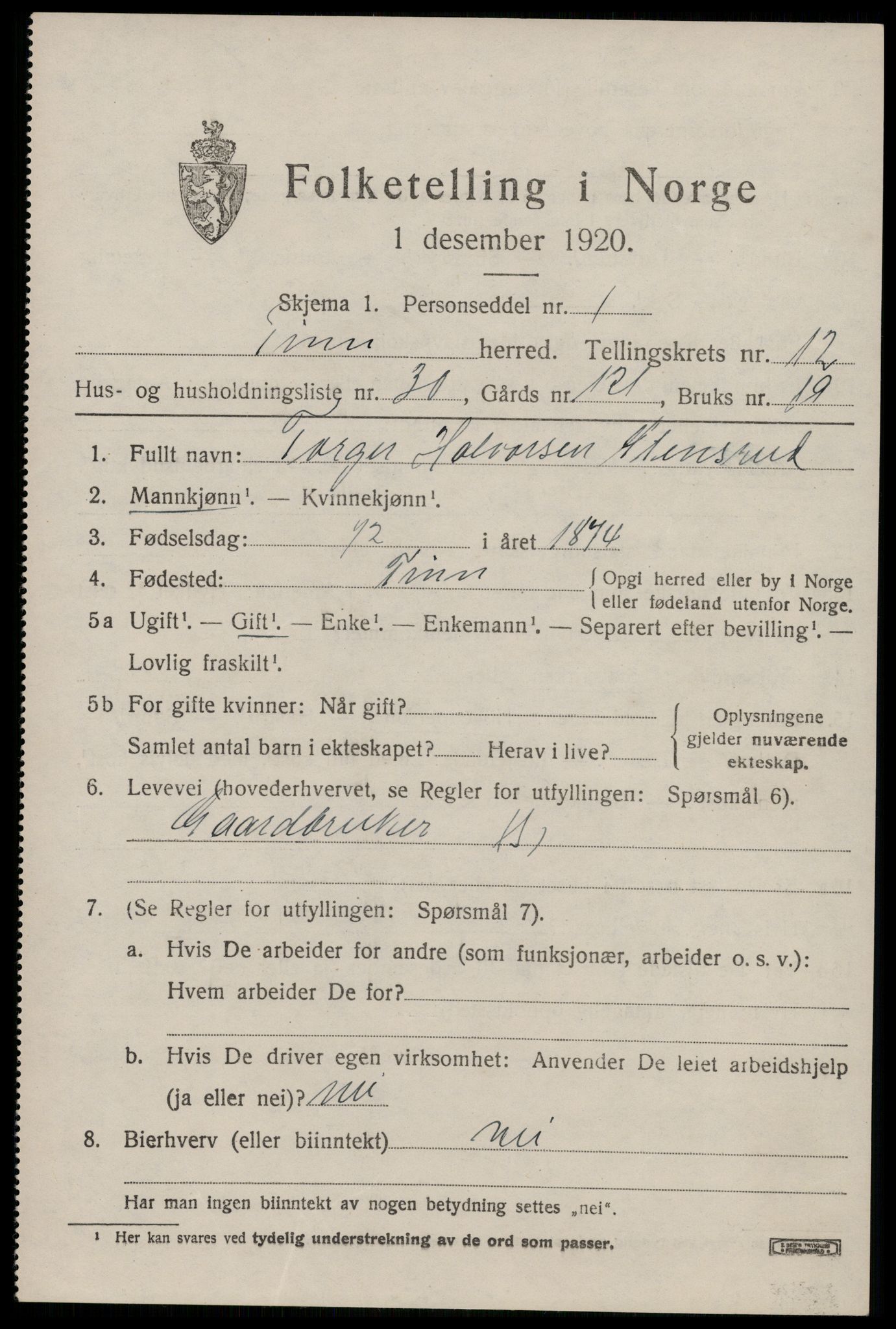 SAKO, 1920 census for Tinn, 1920, p. 8060