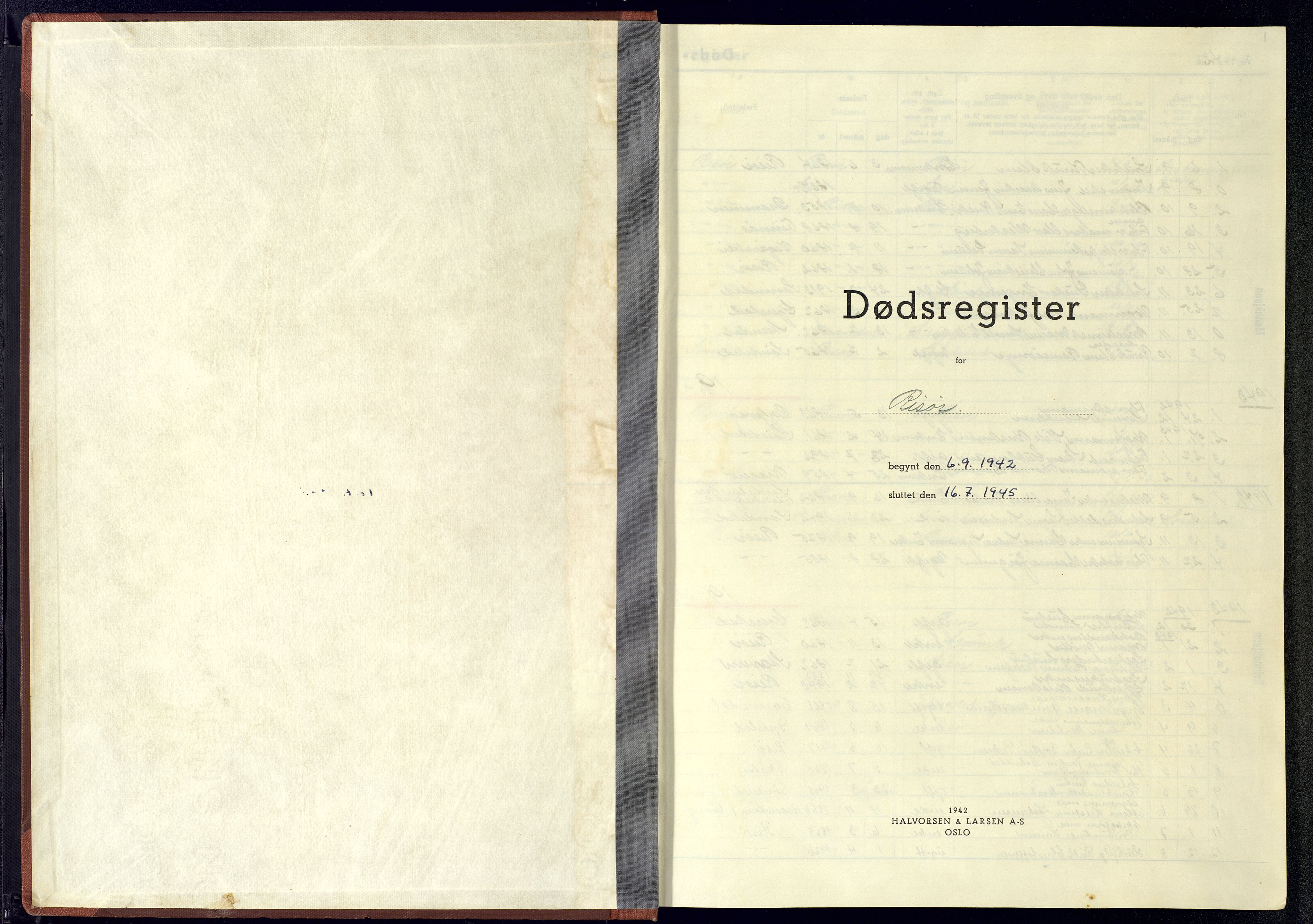 Risør sokneprestkontor, SAK/1111-0035/J/Jb/L0004: A-VI-10 - Dødsfallsregister, 1942-1945