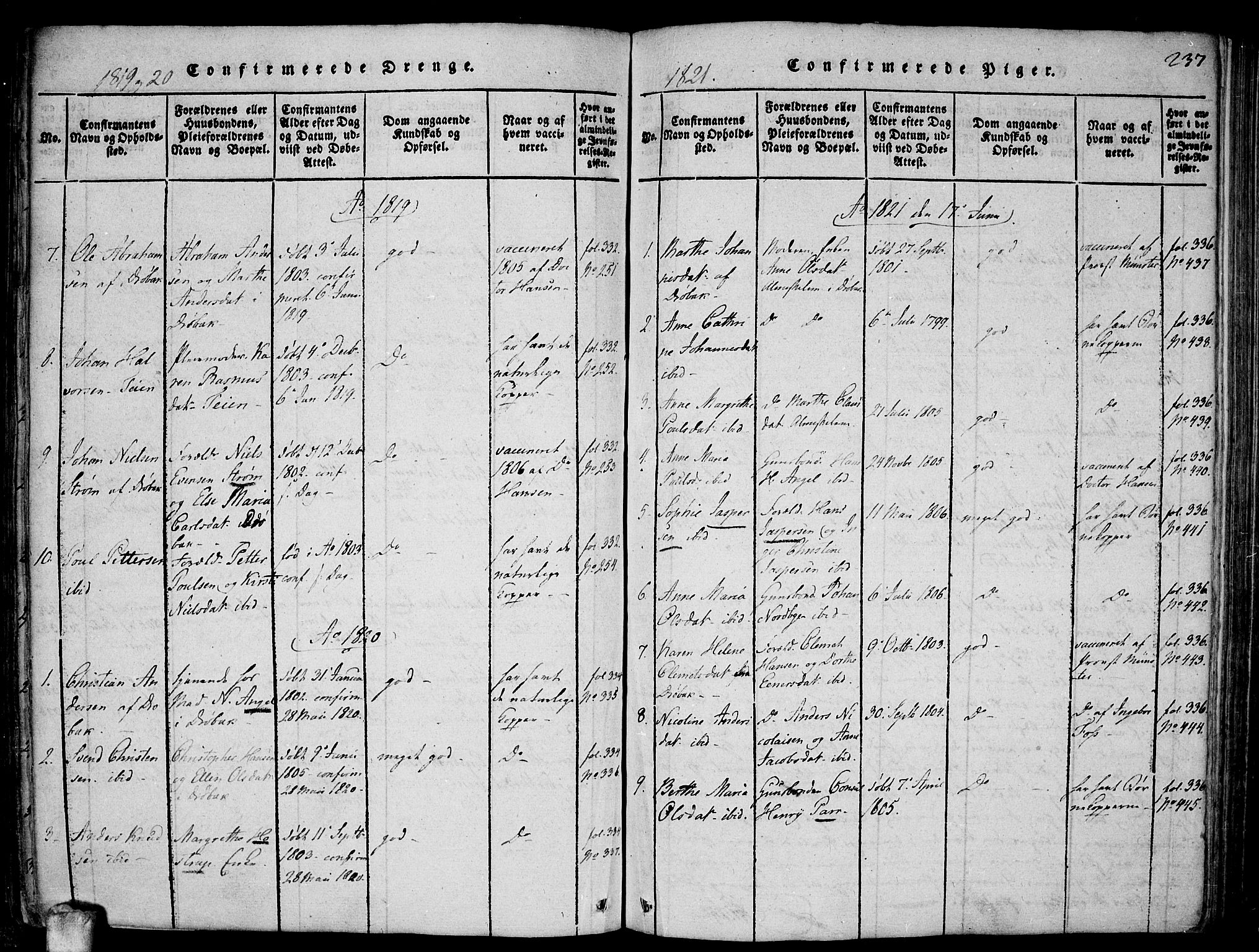 Drøbak prestekontor Kirkebøker, SAO/A-10142a/F/Fa/L0001: Parish register (official) no. I 1, 1816-1842, p. 237