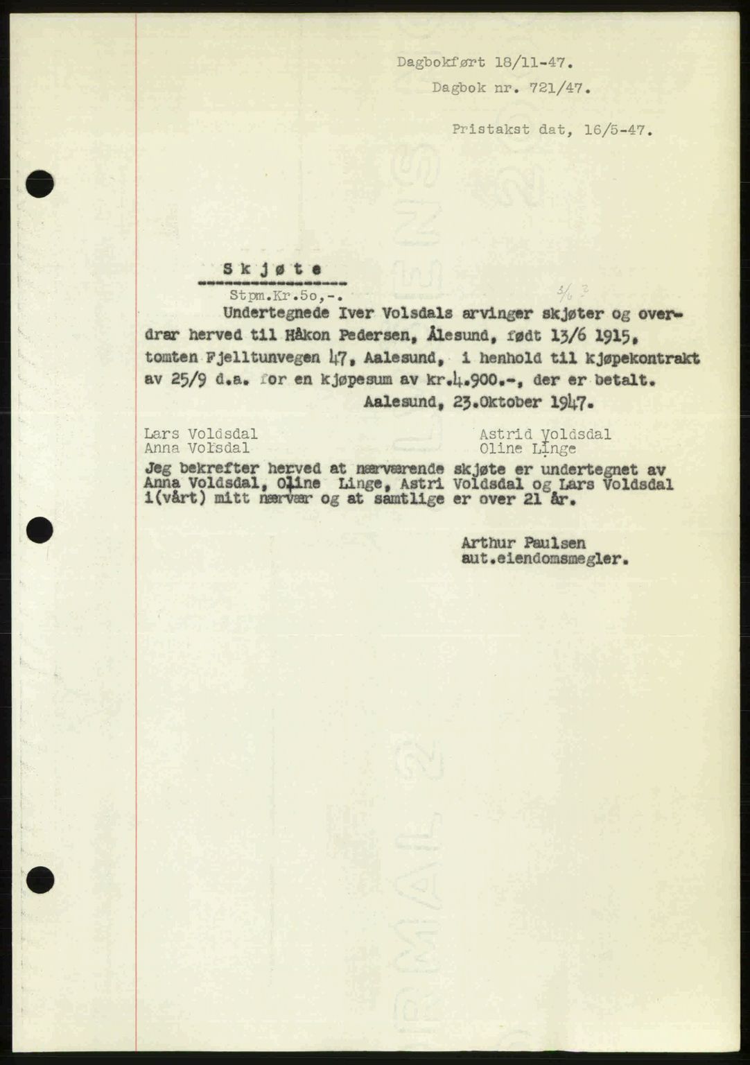 Ålesund byfogd, AV/SAT-A-4384: Mortgage book no. 37A (1), 1947-1949, Diary no: : 721/1947