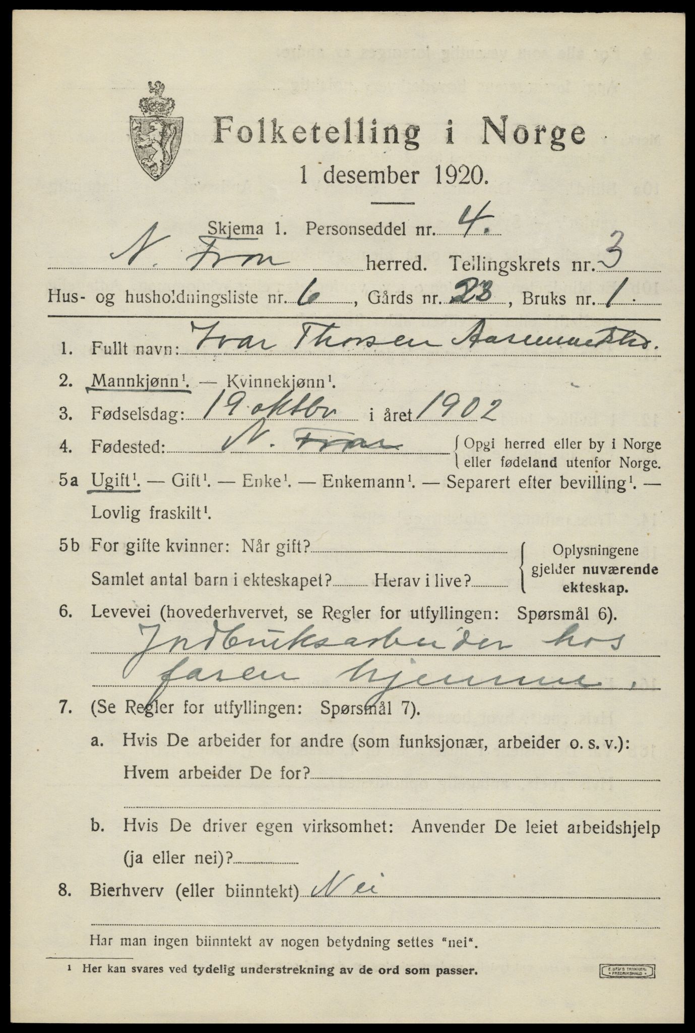 SAH, 1920 census for Nord-Fron, 1920, p. 3114