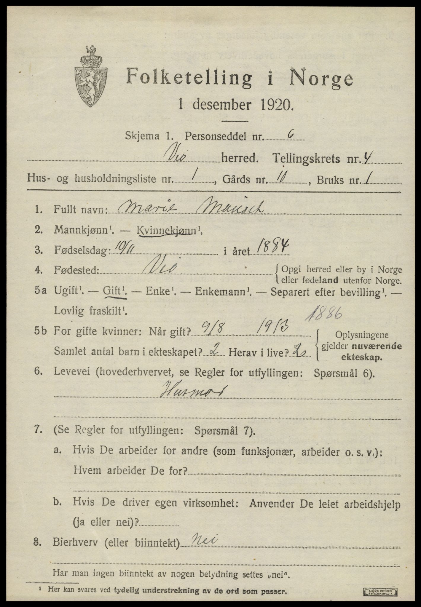 SAT, 1920 census for Veøy, 1920, p. 1681