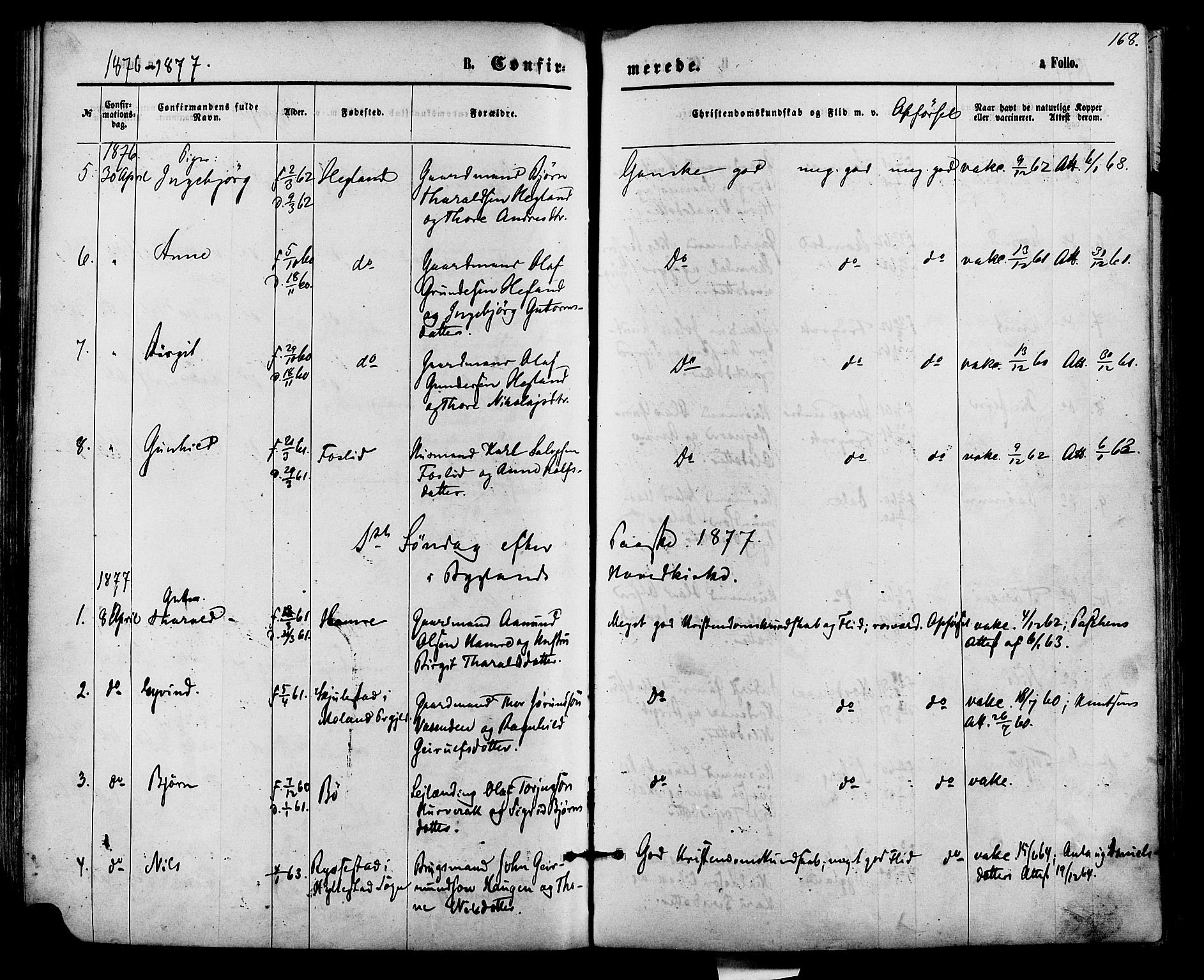 Bygland sokneprestkontor, SAK/1111-0006/F/Fa/Fab/L0006: Parish register (official) no. A 6, 1873-1884, p. 168