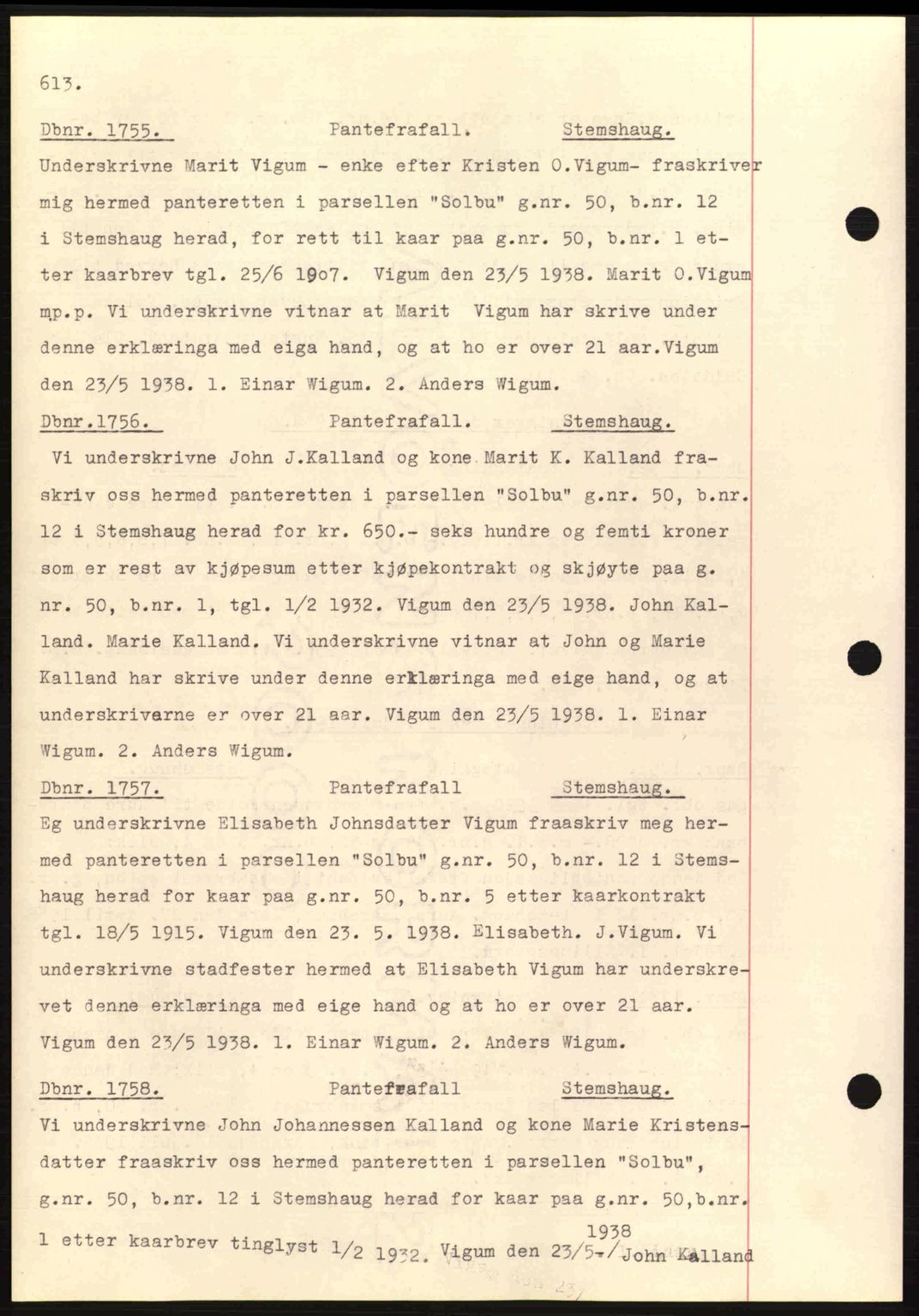 Nordmøre sorenskriveri, AV/SAT-A-4132/1/2/2Ca: Mortgage book no. C80, 1936-1939, Diary no: : 1755/1938