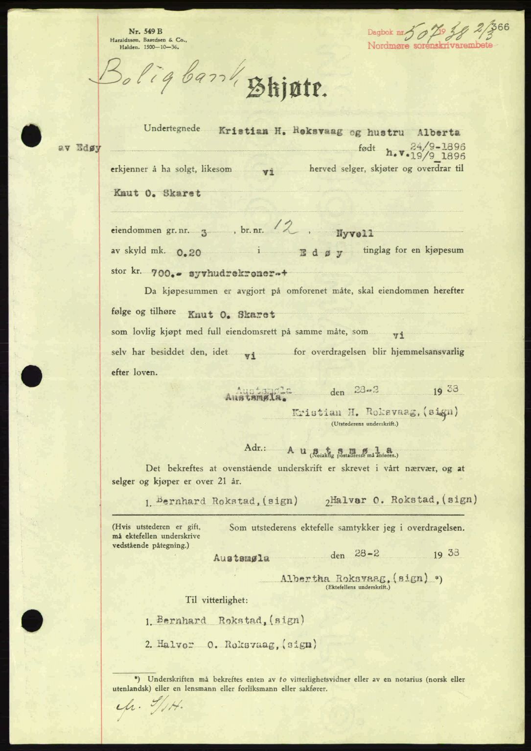 Nordmøre sorenskriveri, AV/SAT-A-4132/1/2/2Ca: Mortgage book no. A83, 1938-1938, Diary no: : 507/1938