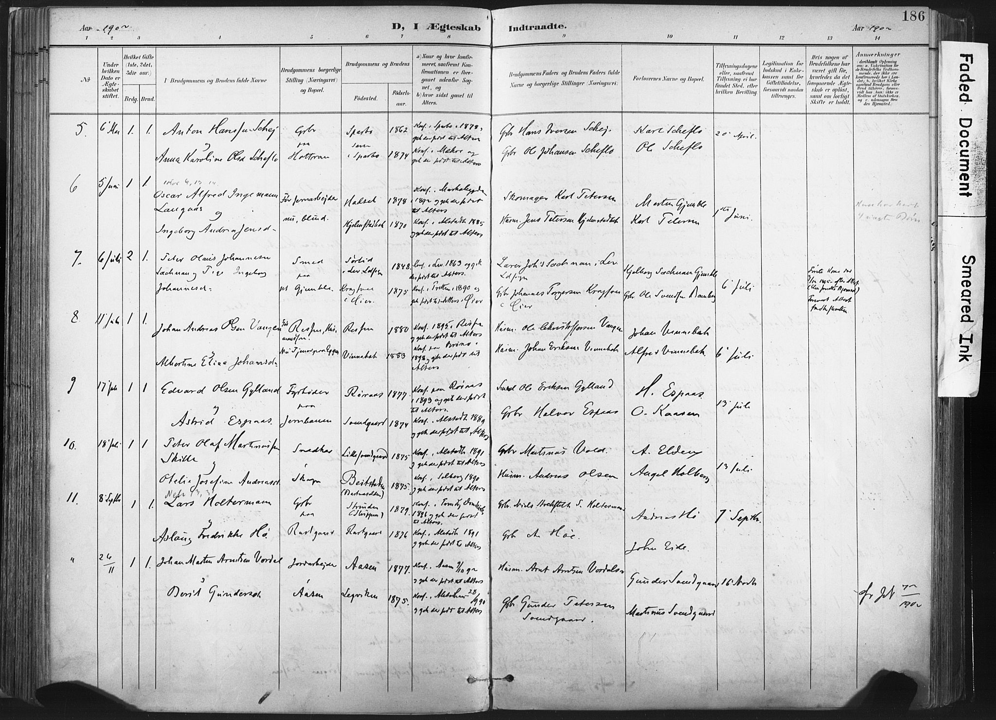 Ministerialprotokoller, klokkerbøker og fødselsregistre - Nord-Trøndelag, SAT/A-1458/717/L0162: Parish register (official) no. 717A12, 1898-1923, p. 186
