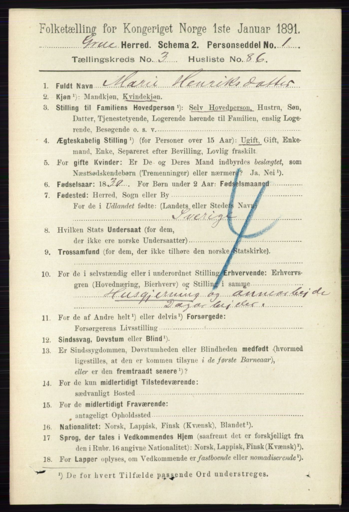 RA, 1891 census for 0423 Grue, 1891, p. 2009