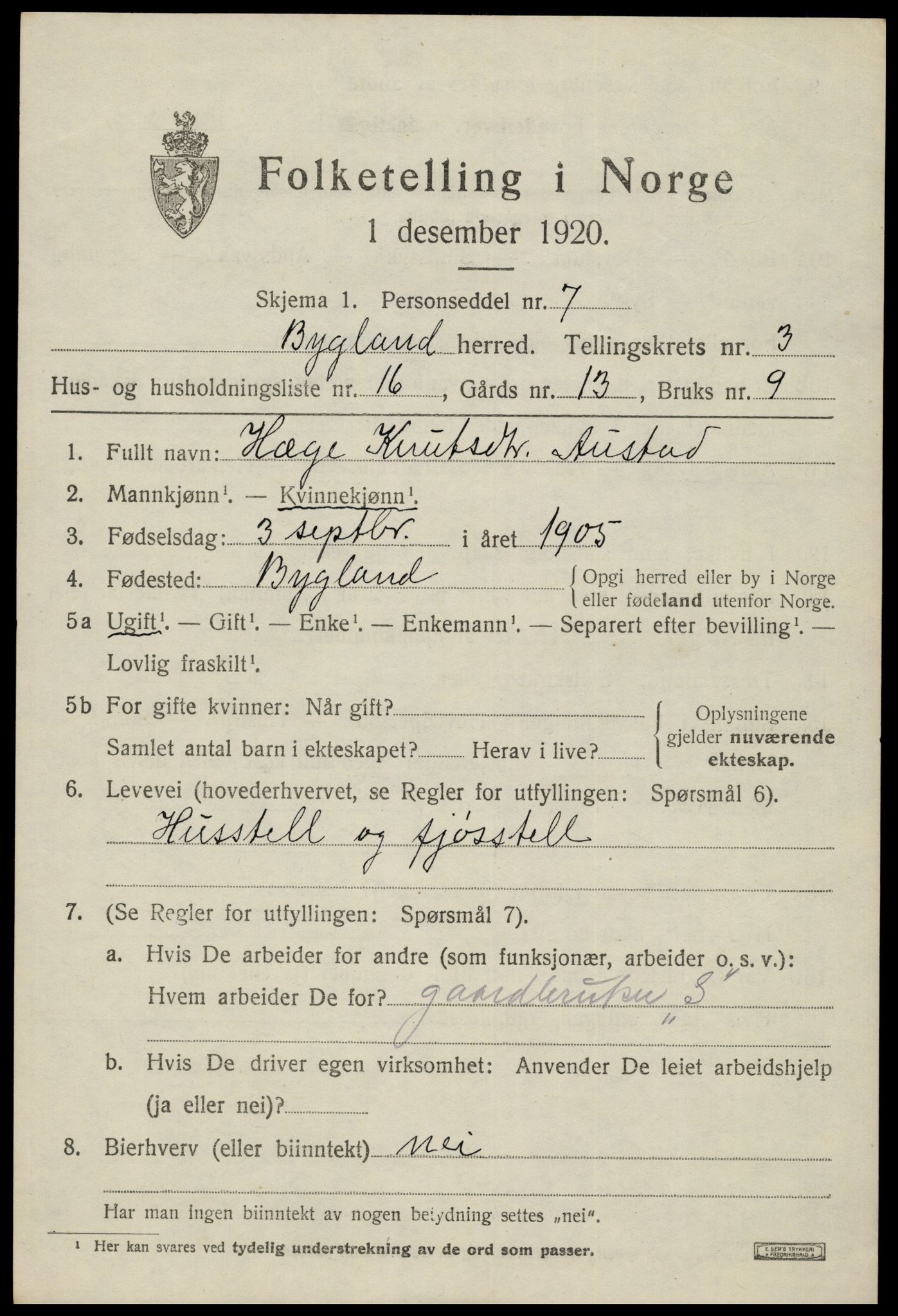 SAK, 1920 census for Bygland, 1920, p. 1681