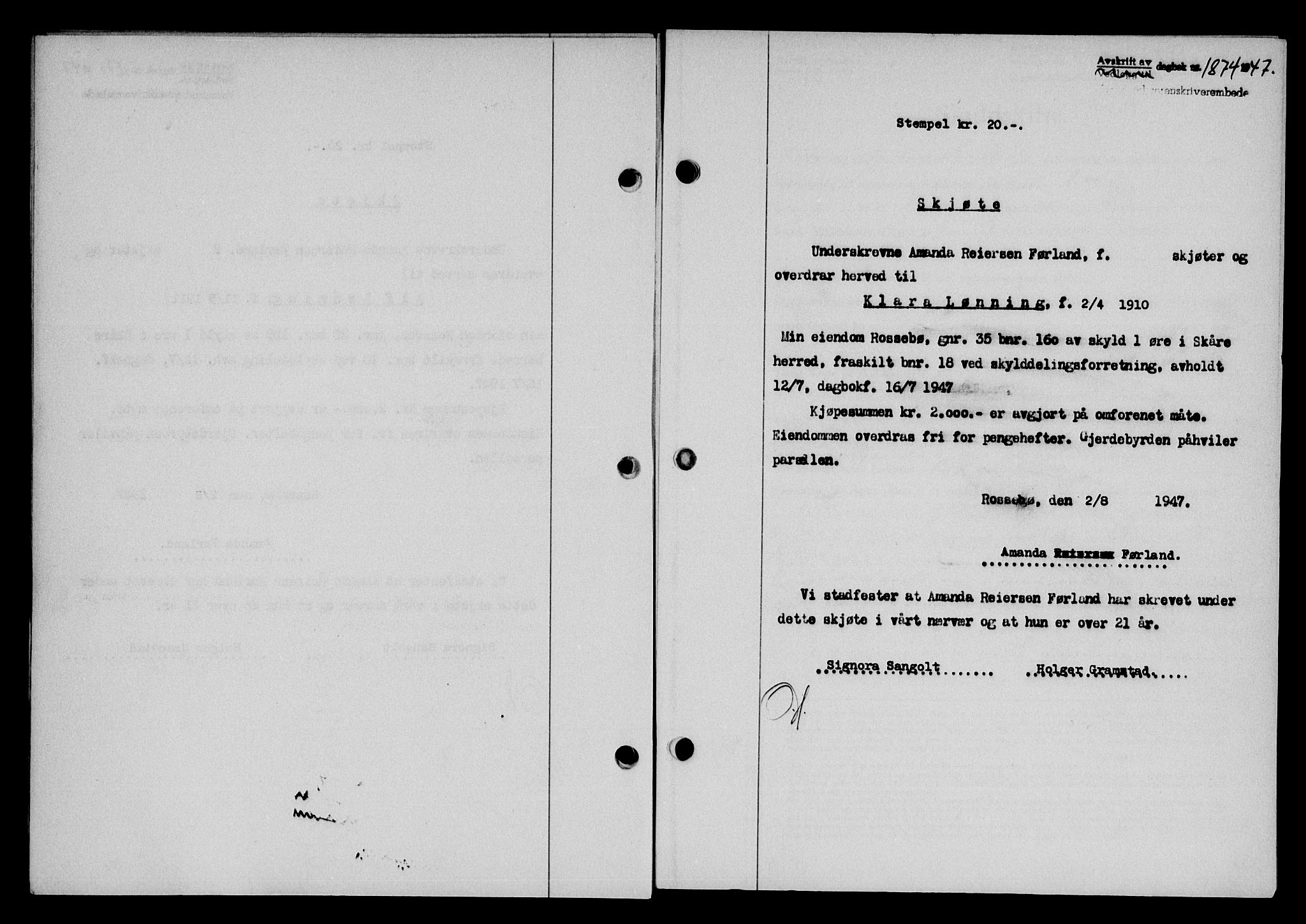 Karmsund sorenskriveri, SAST/A-100311/01/II/IIB/L0090: Mortgage book no. 70A, 1947-1947, Diary no: : 1874/1947