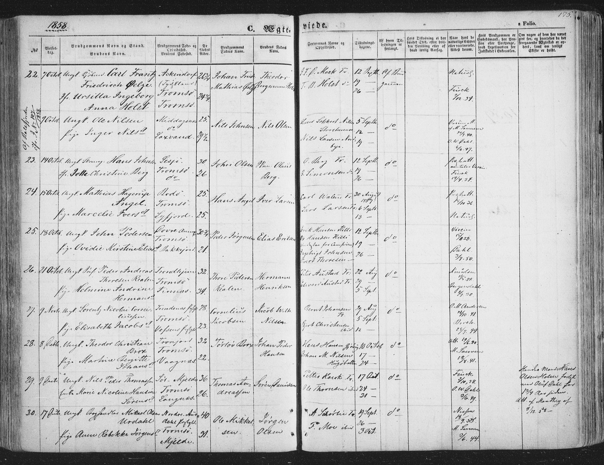 Tromsø sokneprestkontor/stiftsprosti/domprosti, AV/SATØ-S-1343/G/Ga/L0011kirke: Parish register (official) no. 11, 1856-1865, p. 175