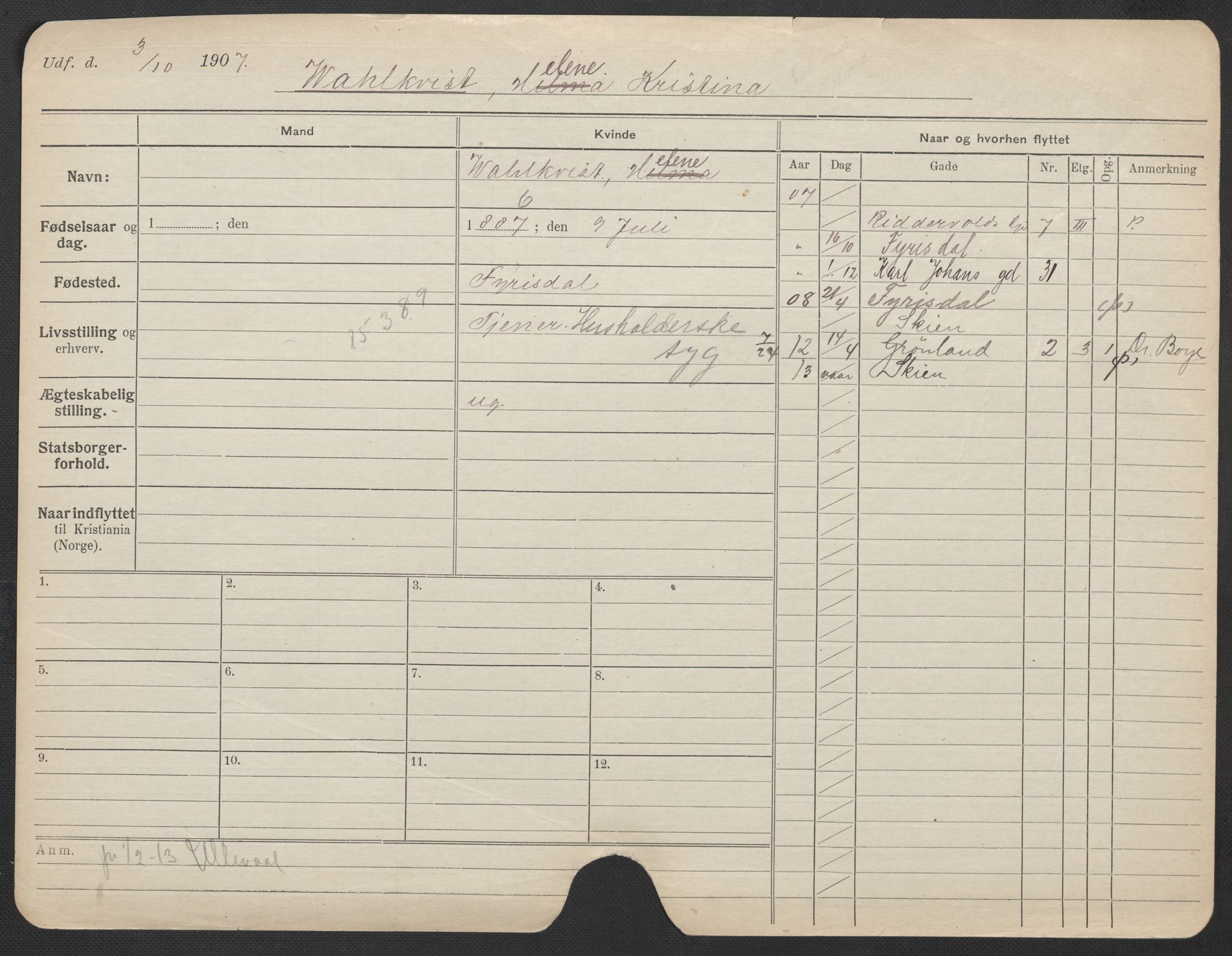 Oslo folkeregister, Registerkort, AV/SAO-A-11715/F/Fa/Fac/L0025: Kvinner, 1906-1914, p. 549a