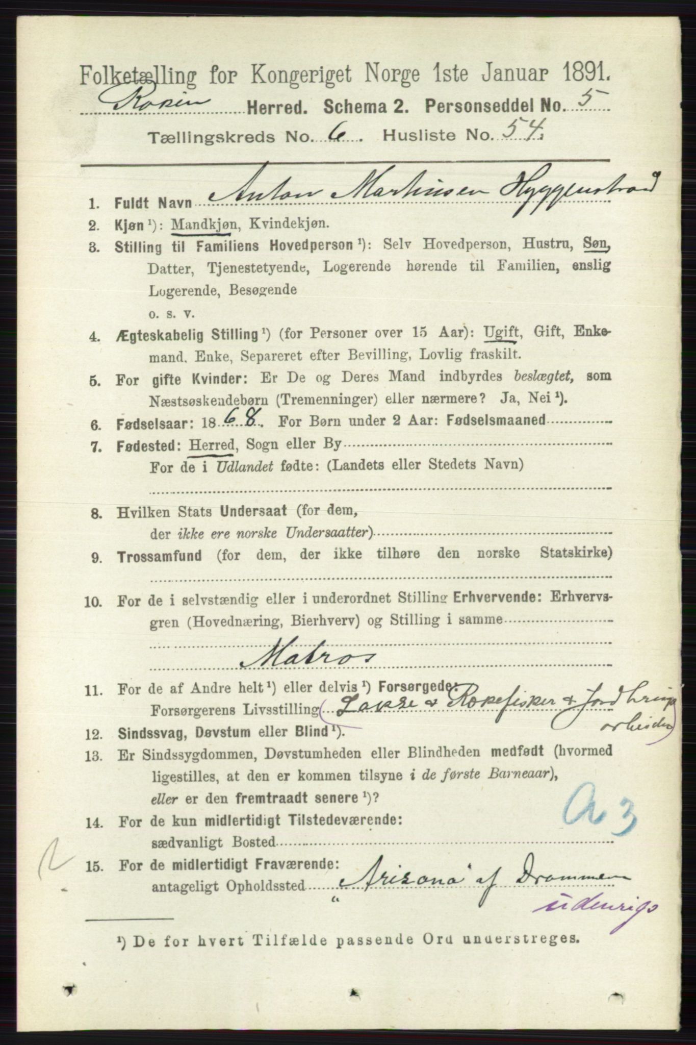 RA, 1891 census for 0627 Røyken, 1891, p. 3958