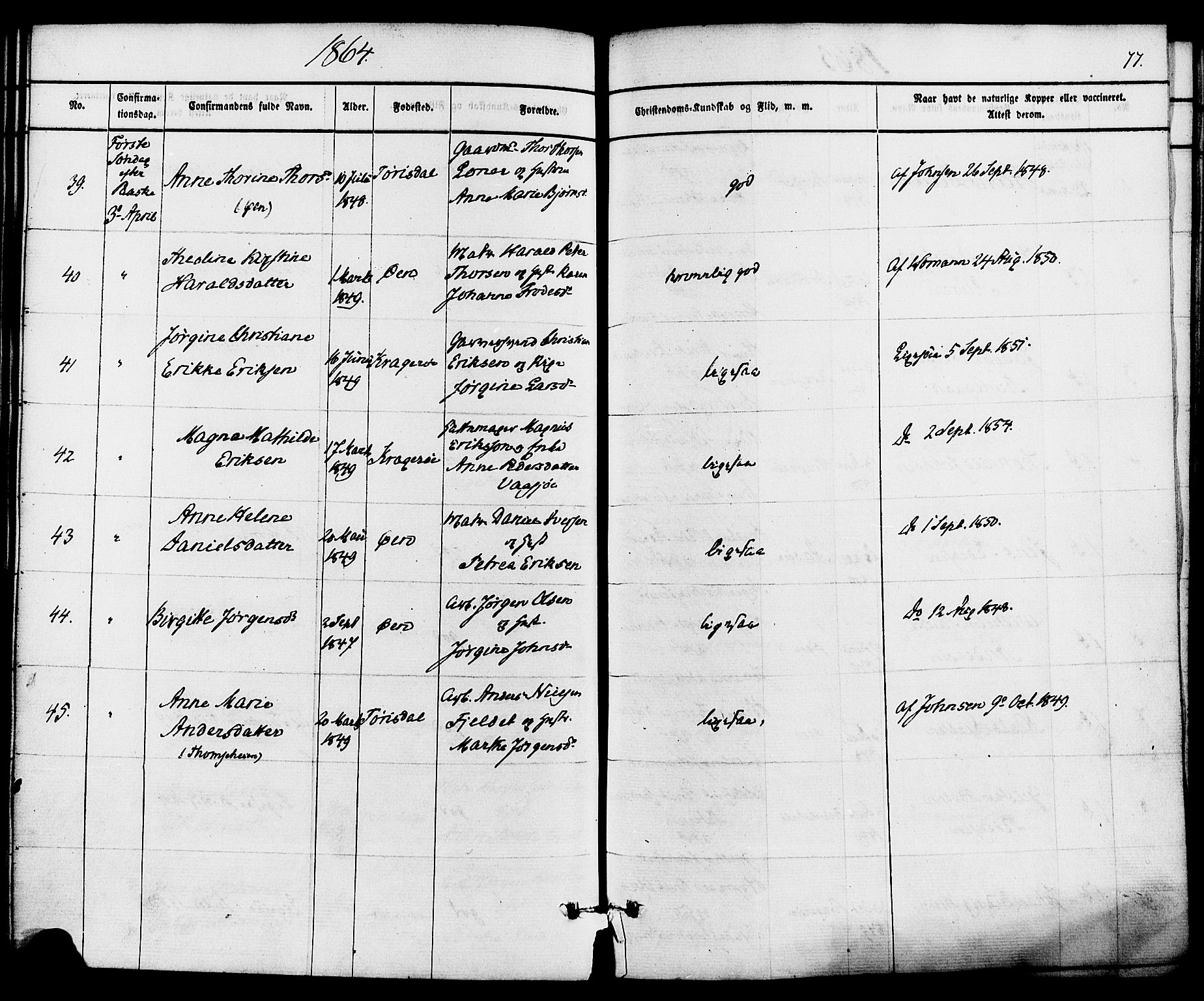 Kragerø kirkebøker, SAKO/A-278/F/Fa/L0008: Parish register (official) no. 8, 1856-1880, p. 77