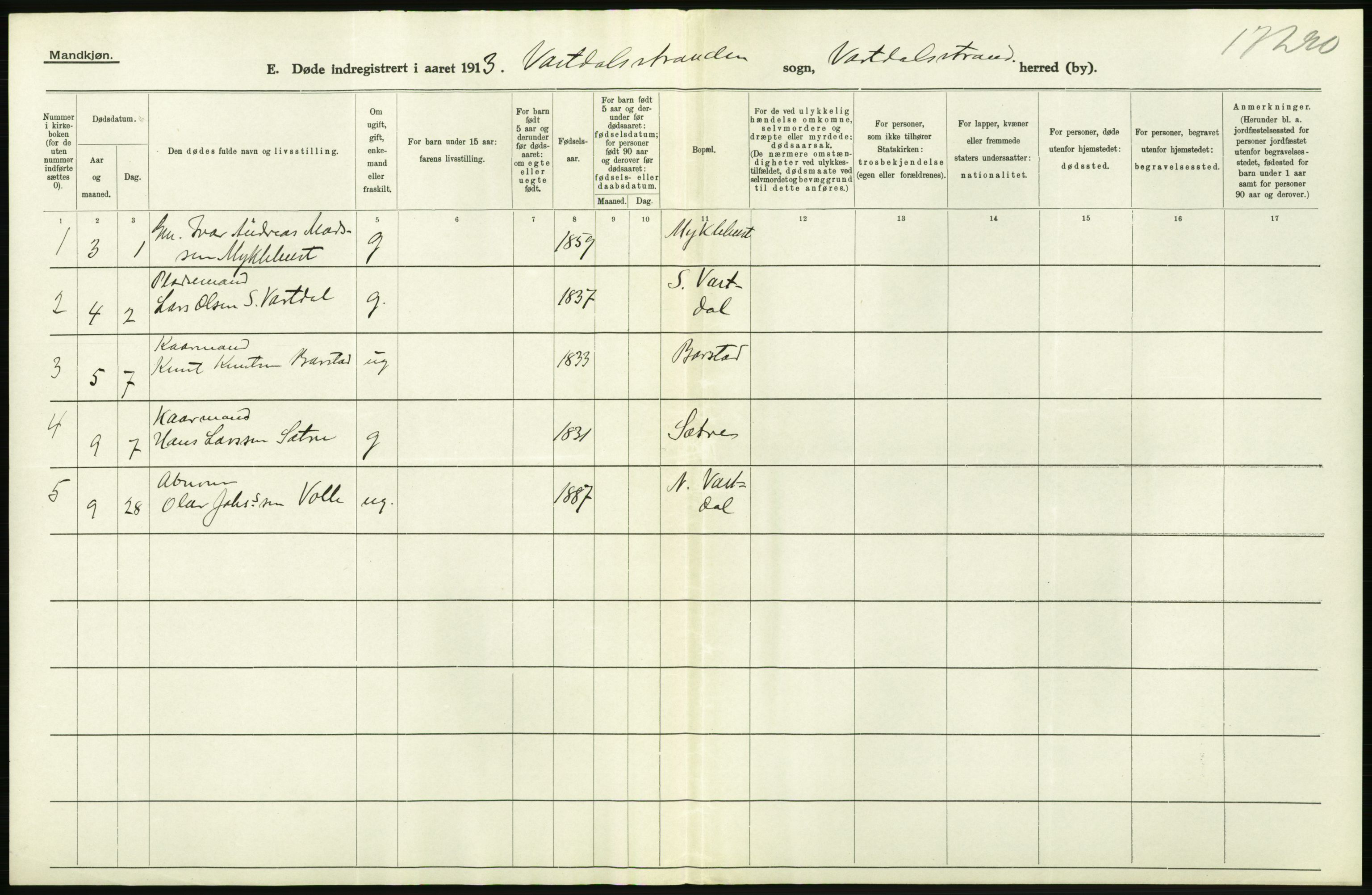 Statistisk sentralbyrå, Sosiodemografiske emner, Befolkning, AV/RA-S-2228/D/Df/Dfb/Dfbc/L0037: Romsdals amt: Døde. Bygder og byer., 1913, p. 4