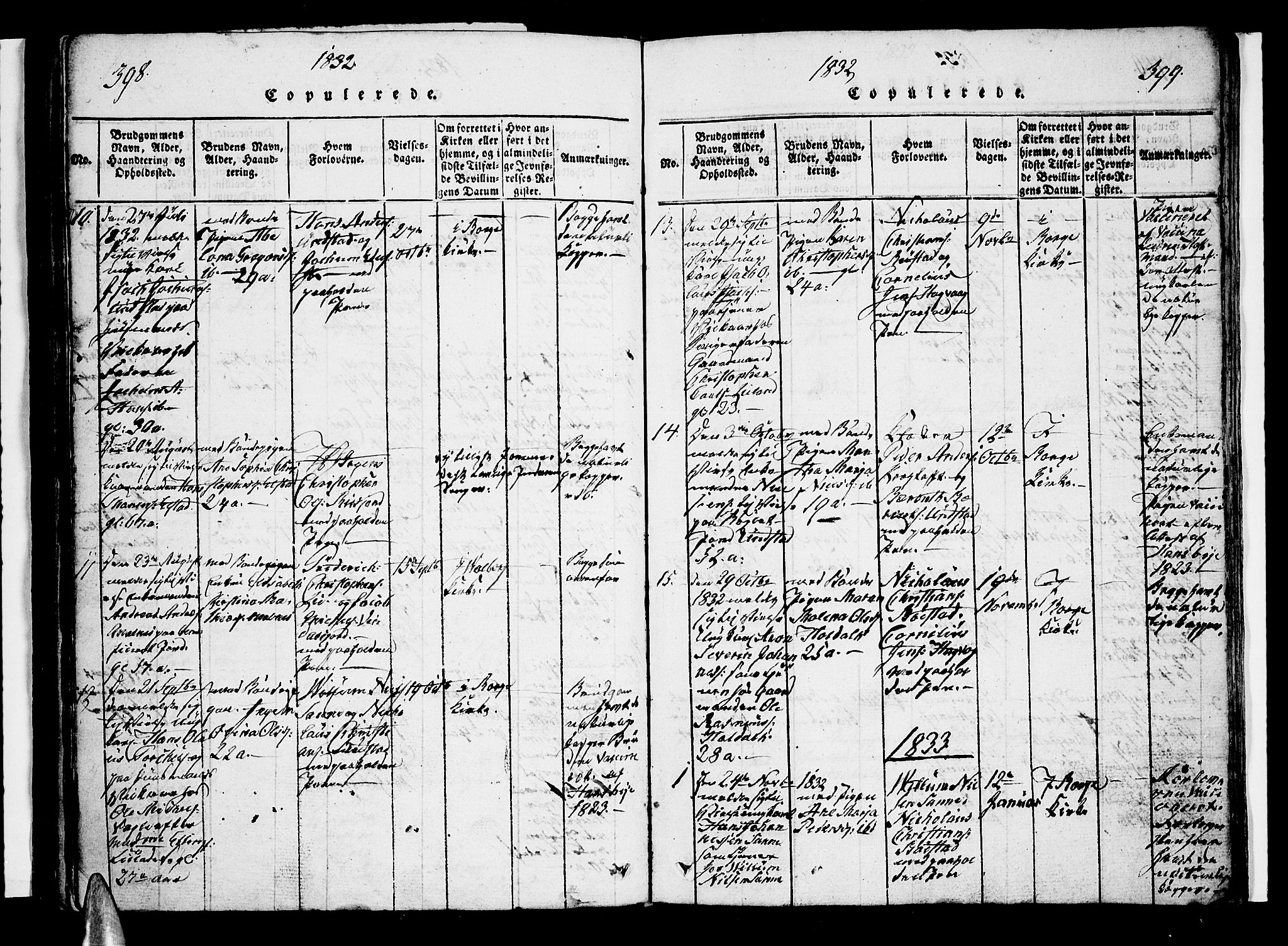 Ministerialprotokoller, klokkerbøker og fødselsregistre - Nordland, SAT/A-1459/880/L1130: Parish register (official) no. 880A04, 1821-1843, p. 398-399