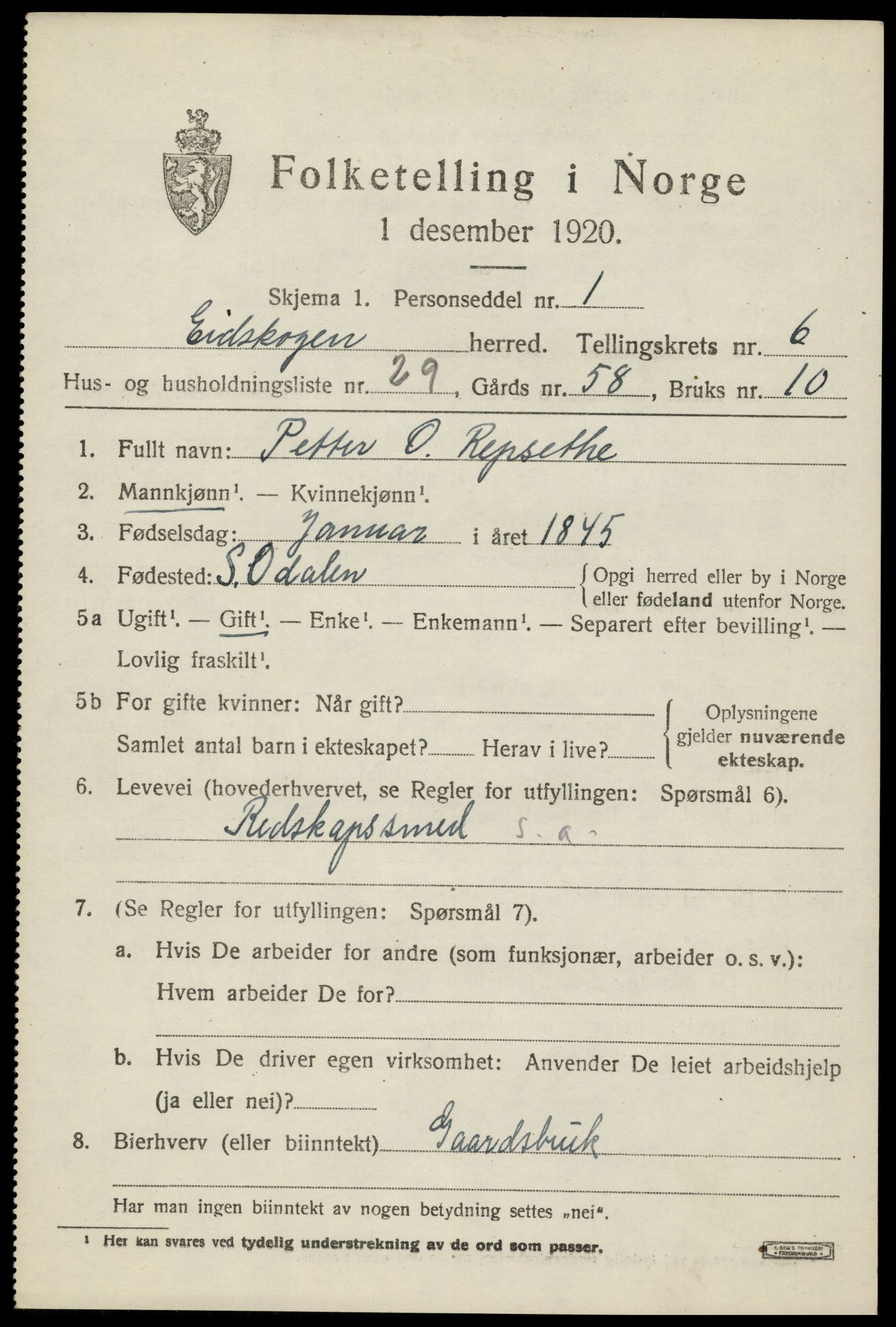 SAH, 1920 census for Eidskog, 1920, p. 6709
