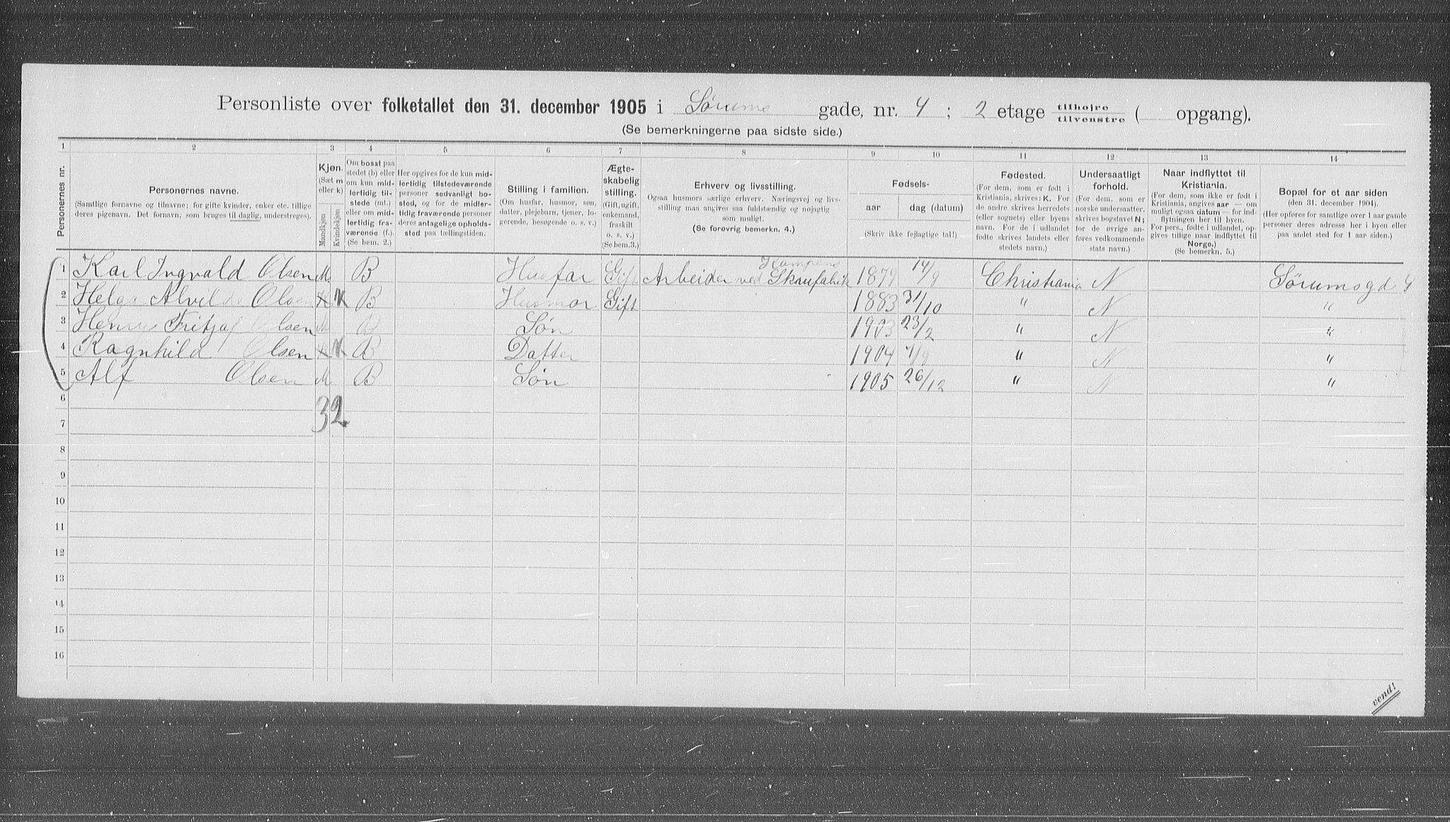 OBA, Municipal Census 1905 for Kristiania, 1905, p. 56002