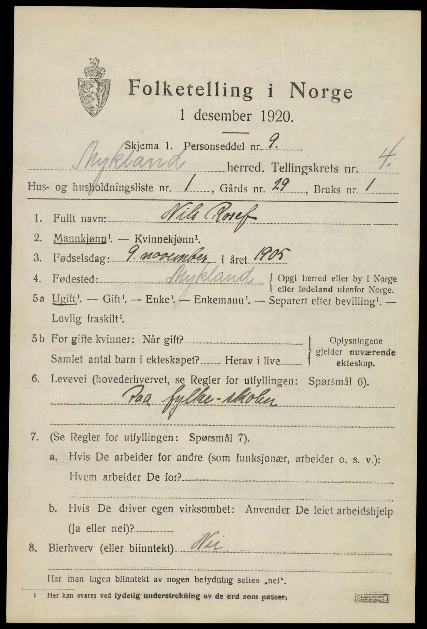 SAK, 1920 census for Mykland, 1920, p. 1338