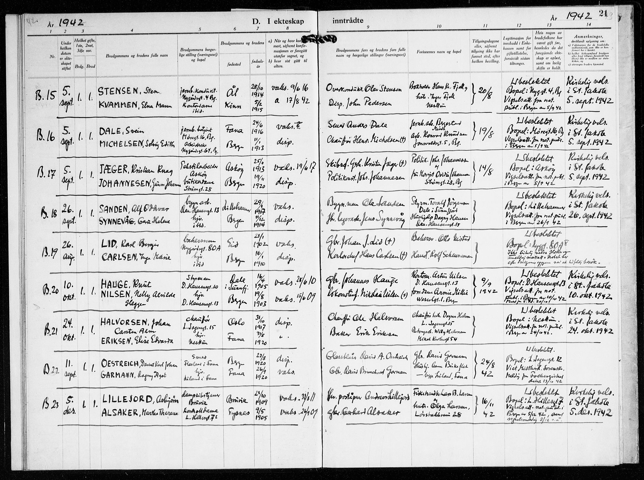 St. Jacob sokneprestembete, AV/SAB-A-78001/H/Haa/L0023: Parish register (official) no. G 1, 1942-1945, p. 21