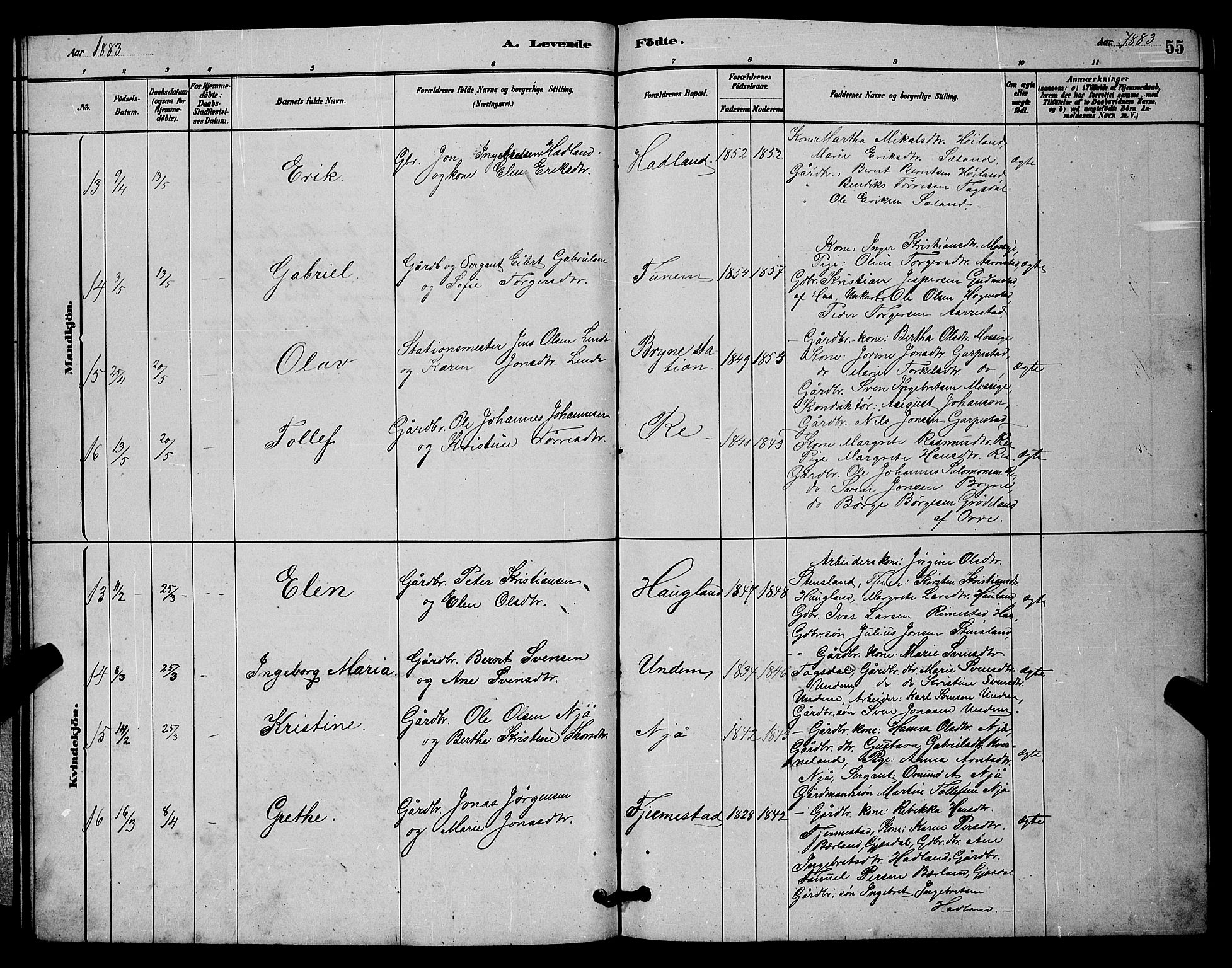 Lye sokneprestkontor, AV/SAST-A-101794/001/30BB/L0006: Parish register (copy) no. B 6, 1879-1888, p. 55