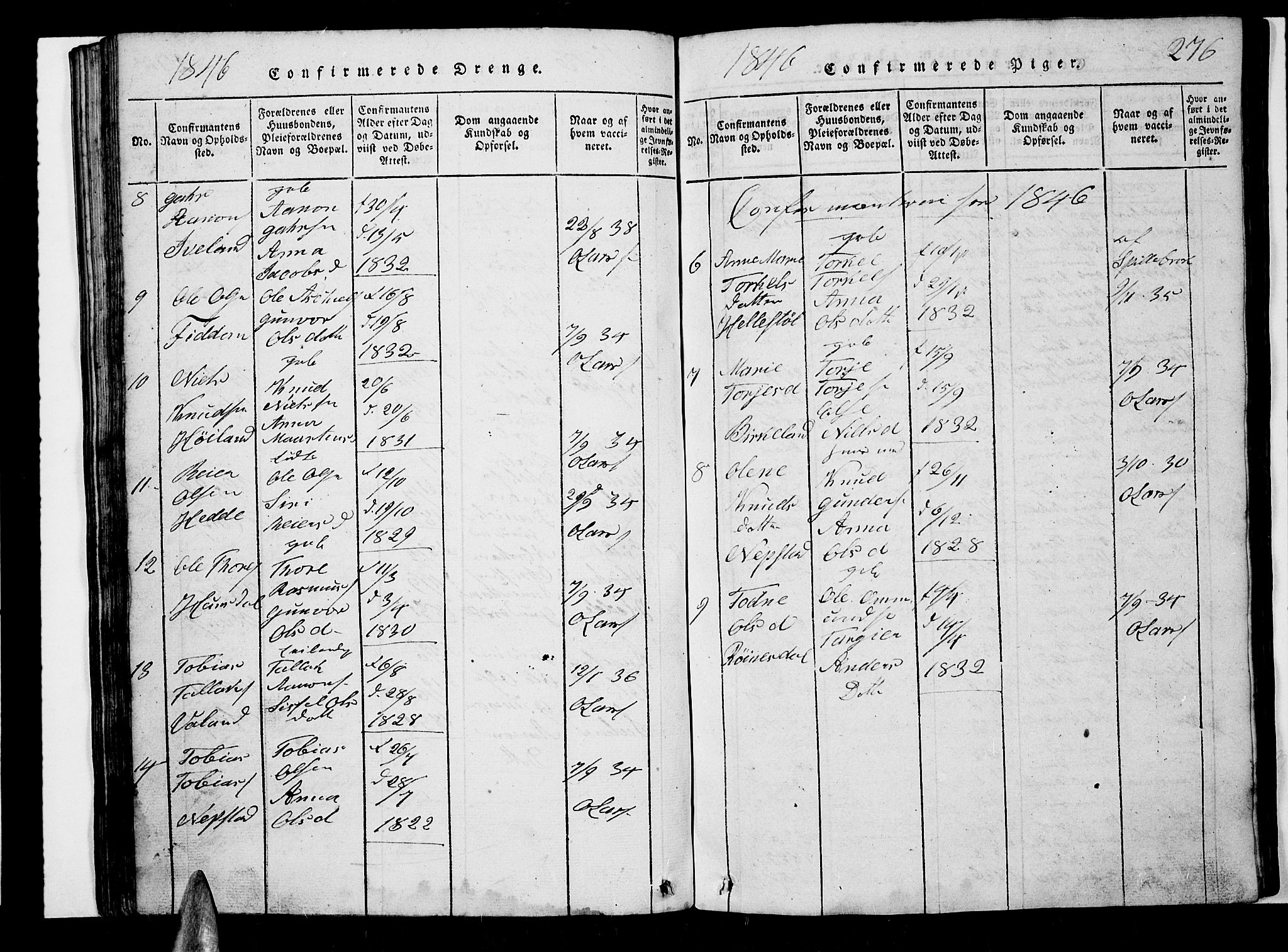 Nord-Audnedal sokneprestkontor, AV/SAK-1111-0032/F/Fb/Fba/L0001: Parish register (copy) no. B 1, 1815-1856, p. 276