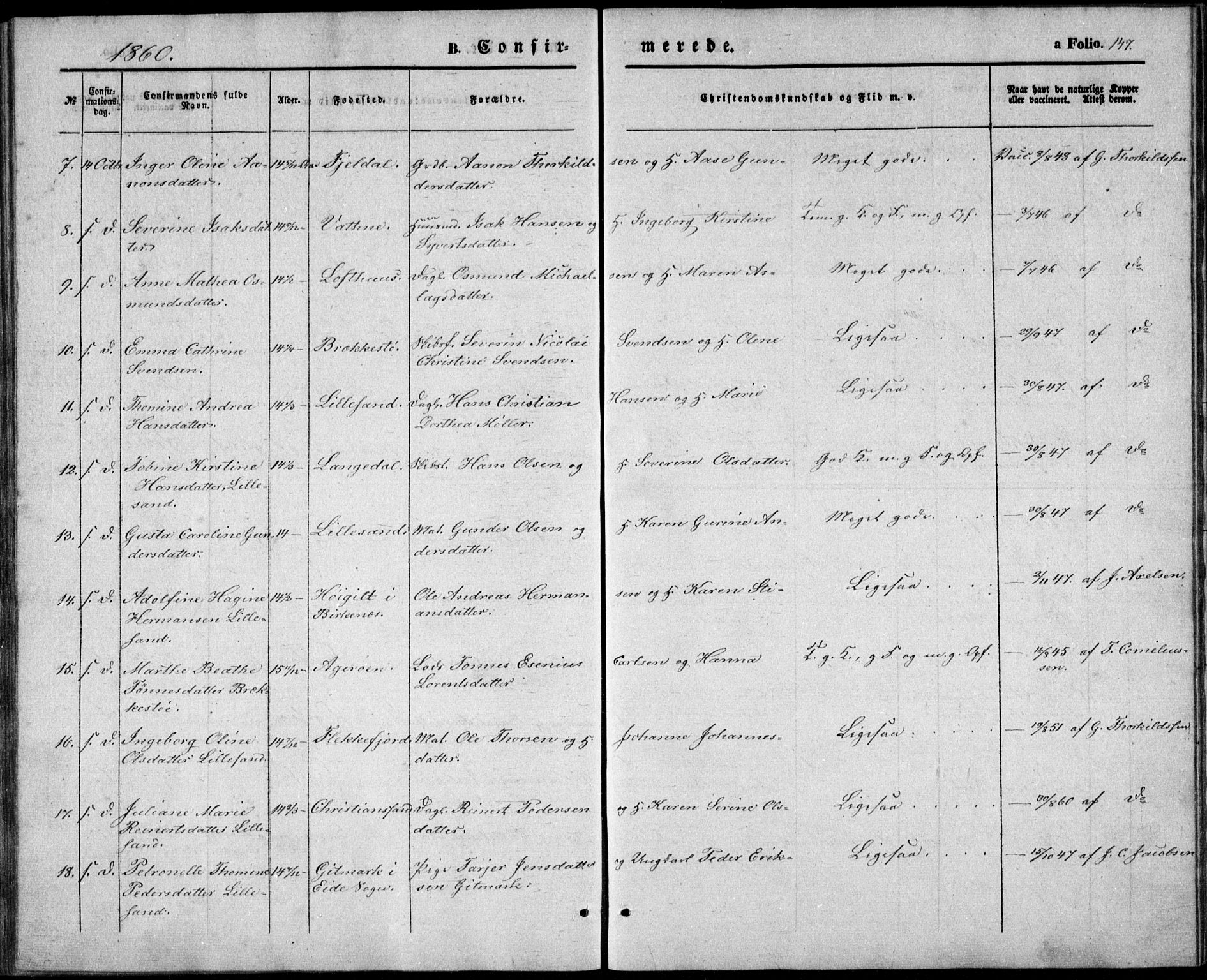 Vestre Moland sokneprestkontor, AV/SAK-1111-0046/F/Fb/Fbb/L0003: Parish register (copy) no. B 3, 1851-1861, p. 147