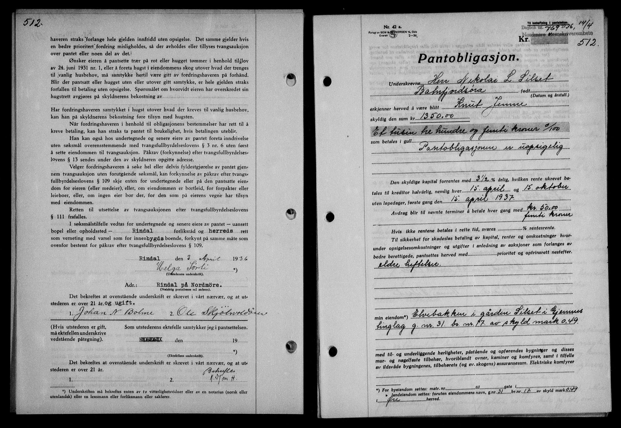 Nordmøre sorenskriveri, AV/SAT-A-4132/1/2/2Ca/L0087: Mortgage book no. 77, 1935-1936, Deed date: 14.04.1936