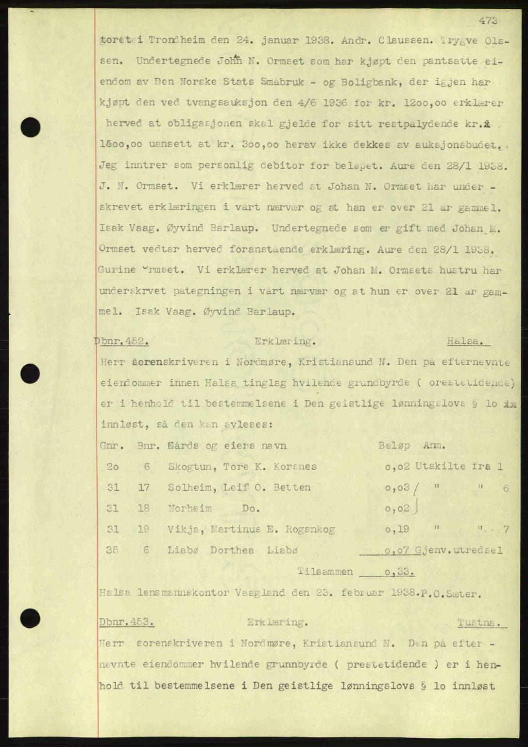 Nordmøre sorenskriveri, AV/SAT-A-4132/1/2/2Ca: Mortgage book no. C80, 1936-1939, Diary no: : 452/1938