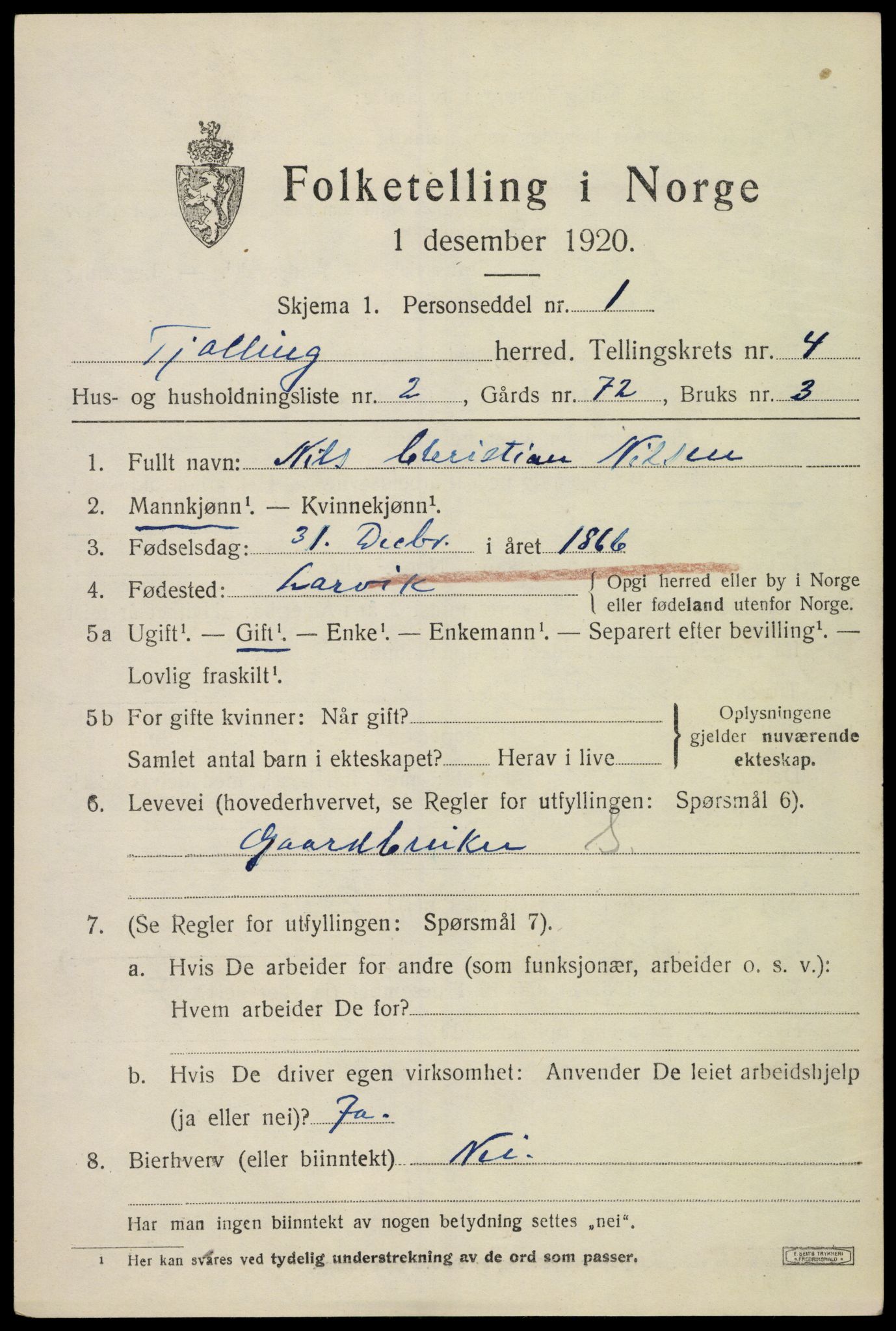 SAKO, 1920 census for Tjølling, 1920, p. 7511