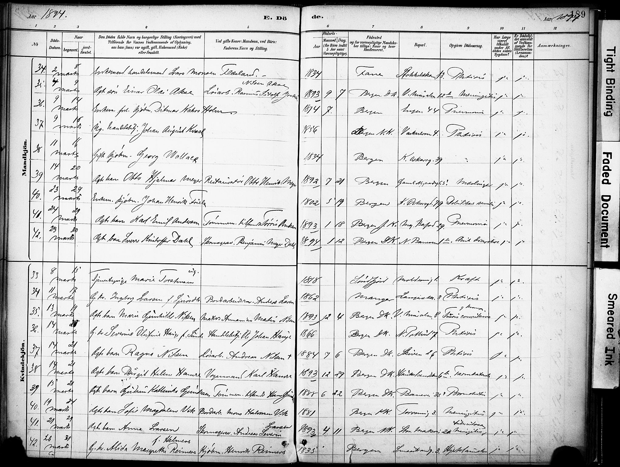 Domkirken sokneprestembete, AV/SAB-A-74801/H/Haa/L0043: Parish register (official) no. E 5, 1882-1904, p. 189