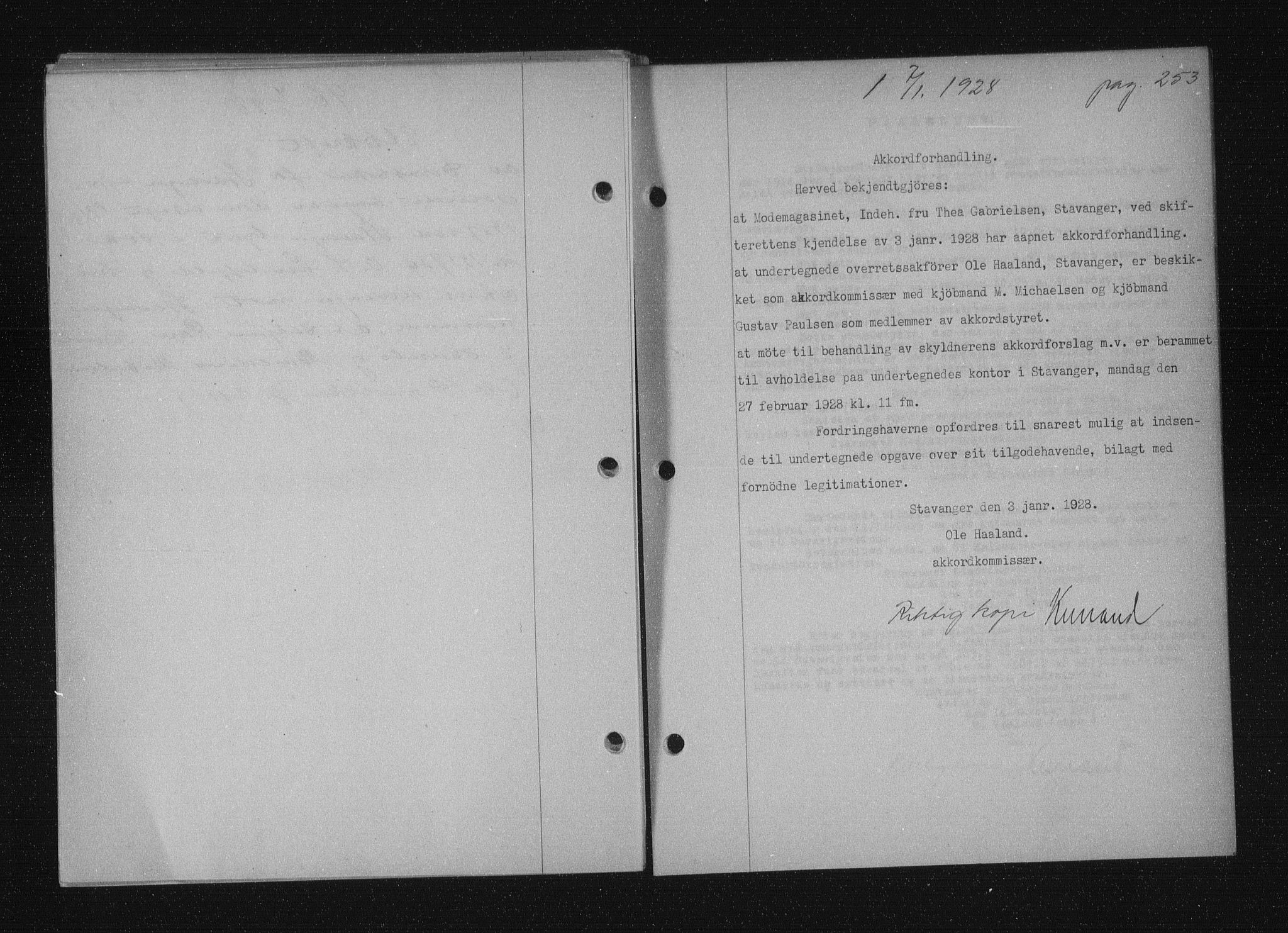 Stavanger byfogd, SAST/A-101408/001/4/41/410/410BB/L0053: Mortgage book no. 41, 1927-1928, Deed date: 07.01.1928