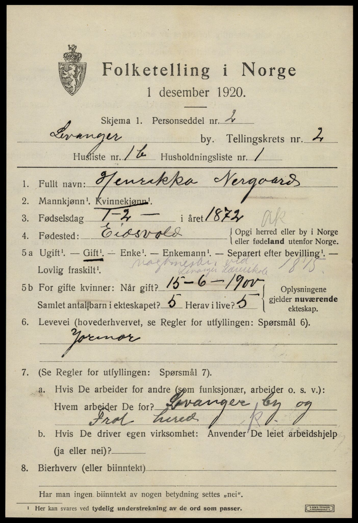 SAT, 1920 census for Levanger town, 1920, p. 2790