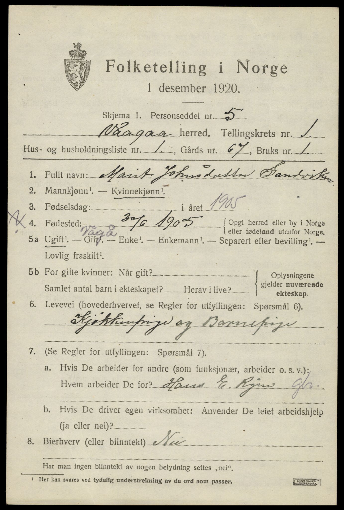 SAH, 1920 census for Vågå, 1920, p. 1286