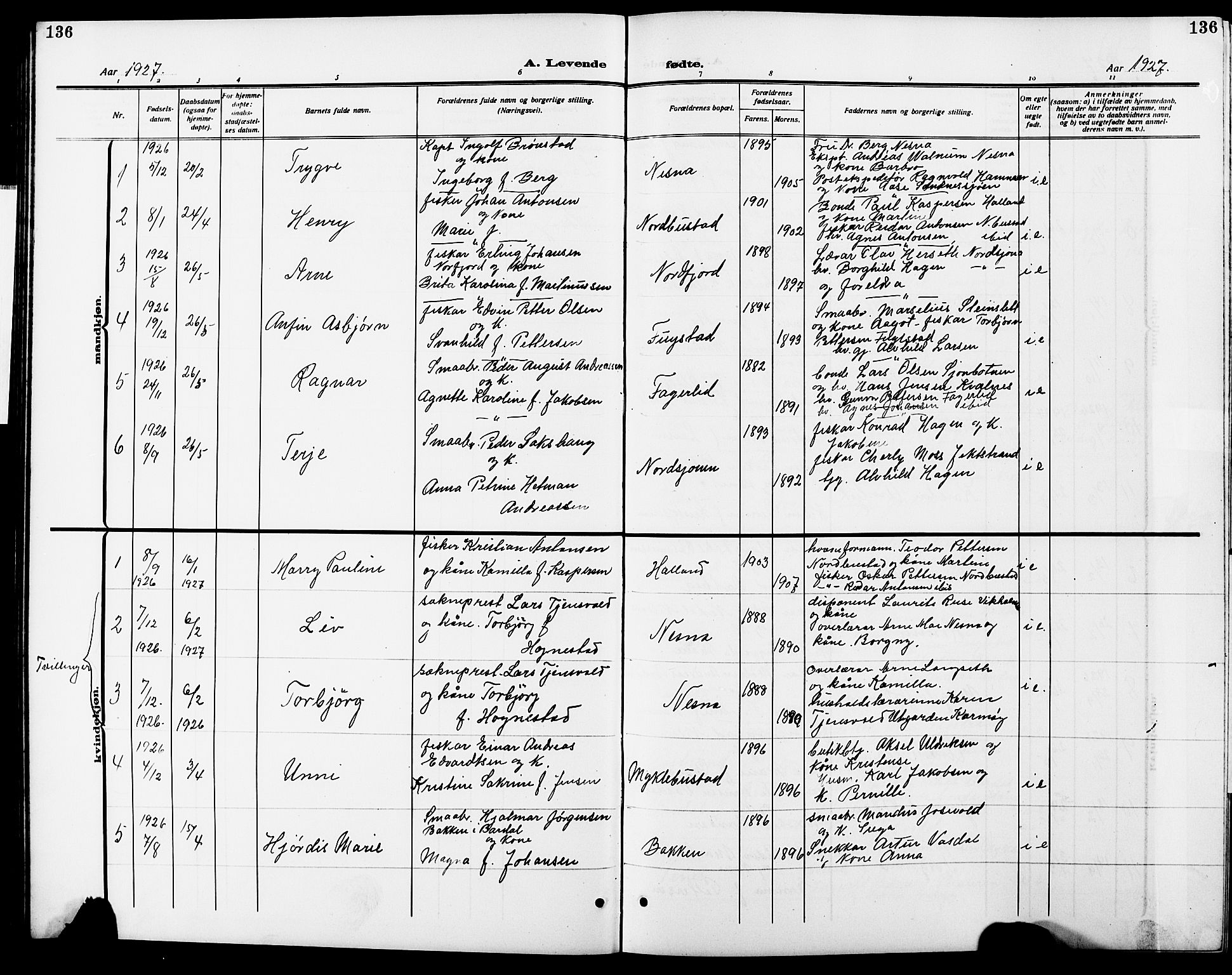 Ministerialprotokoller, klokkerbøker og fødselsregistre - Nordland, AV/SAT-A-1459/838/L0560: Parish register (copy) no. 838C07, 1910-1928, p. 136