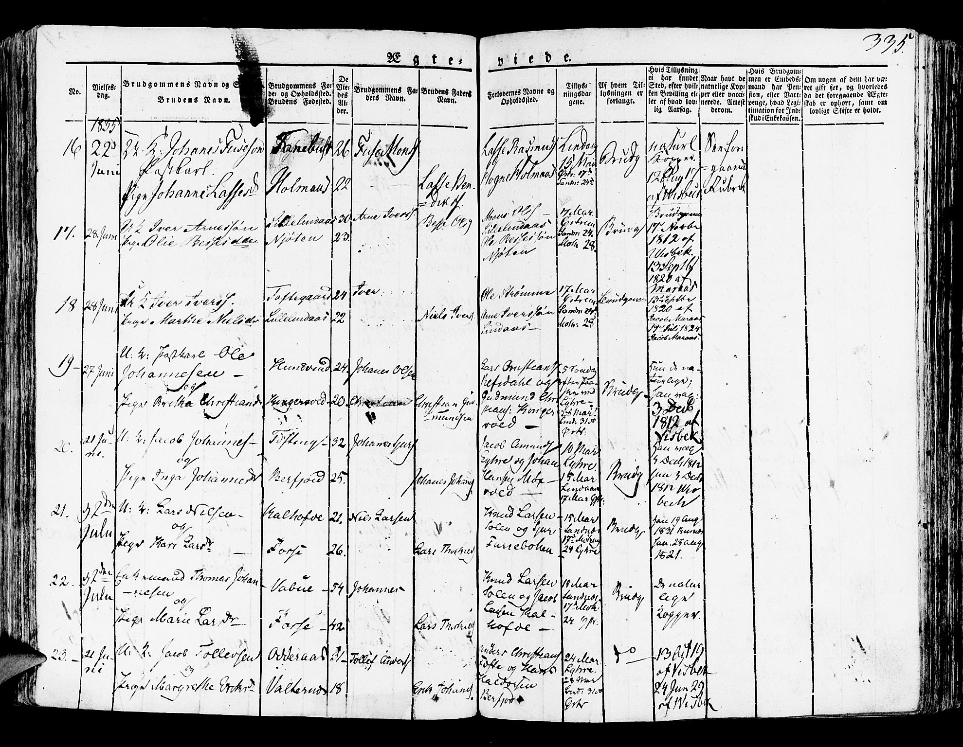 Lindås Sokneprestembete, SAB/A-76701/H/Haa: Parish register (official) no. A 8, 1823-1836, p. 335