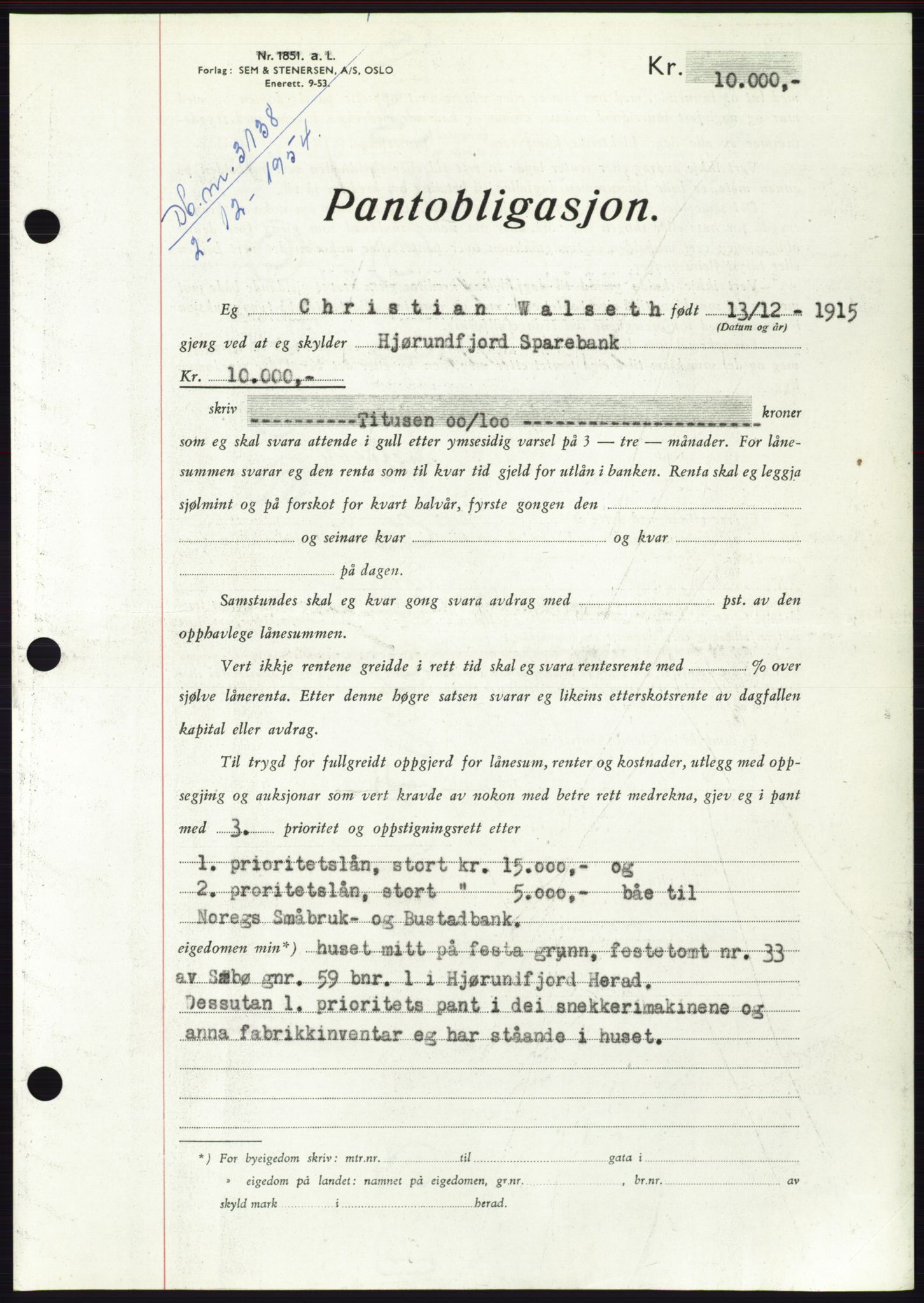 Søre Sunnmøre sorenskriveri, AV/SAT-A-4122/1/2/2C/L0126: Mortgage book no. 14B, 1954-1955, Diary no: : 3138/1954