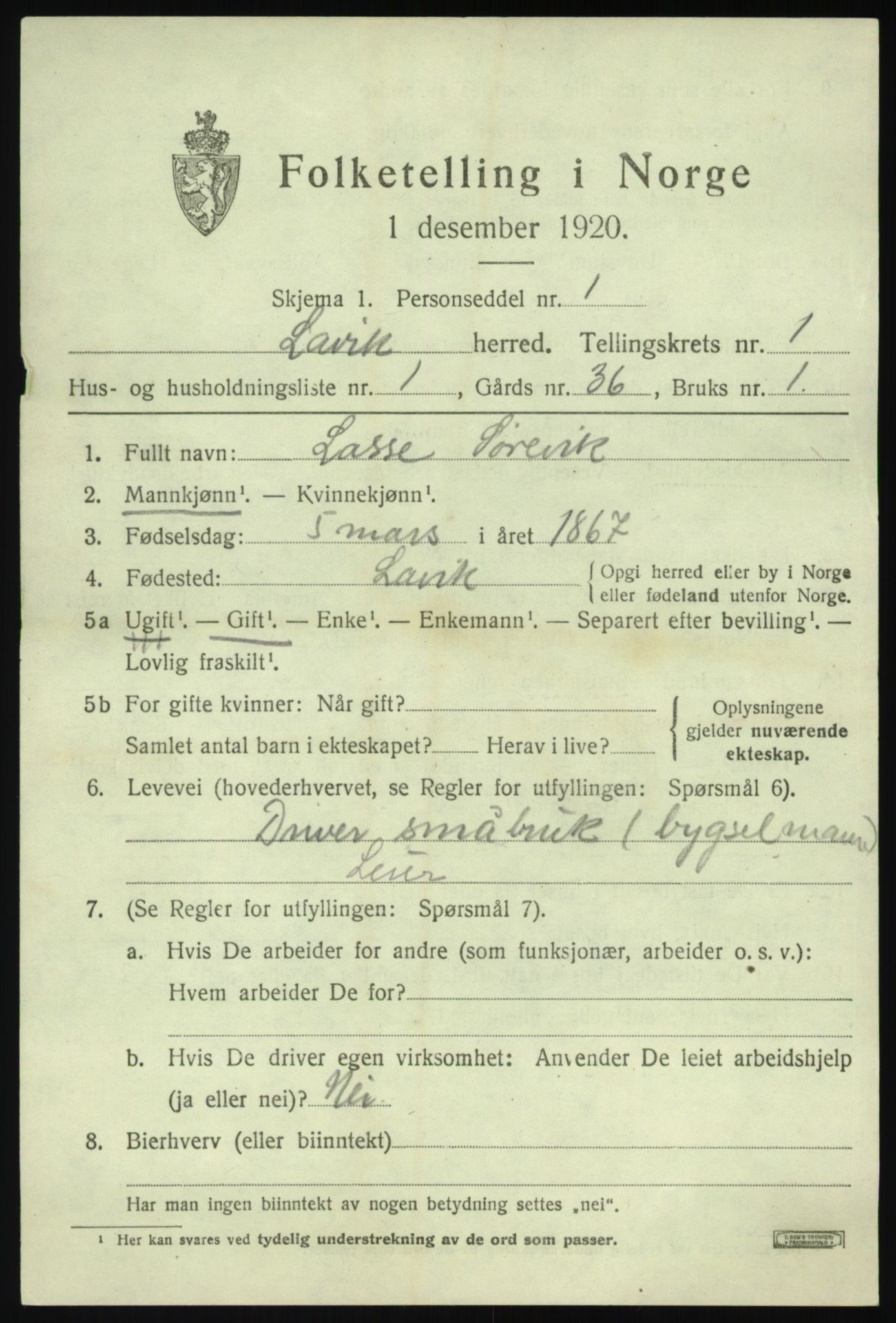 SAB, 1920 census for Lavik, 1920, p. 392