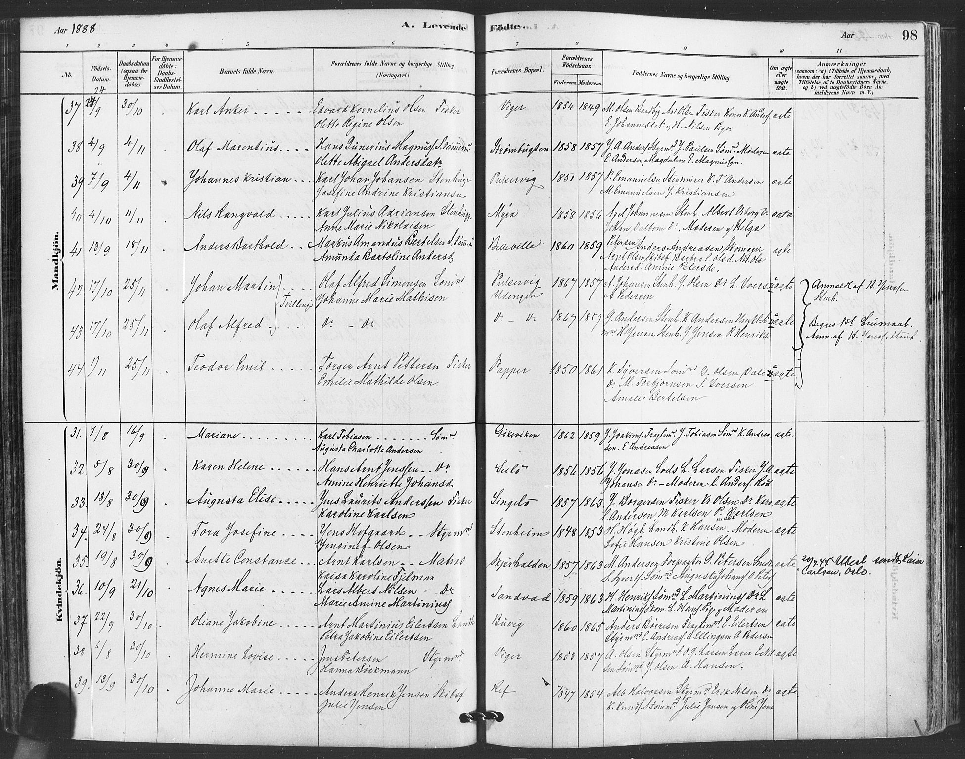 Hvaler prestekontor Kirkebøker, AV/SAO-A-2001/F/Fa/L0008: Parish register (official) no. I 8, 1878-1895, p. 98