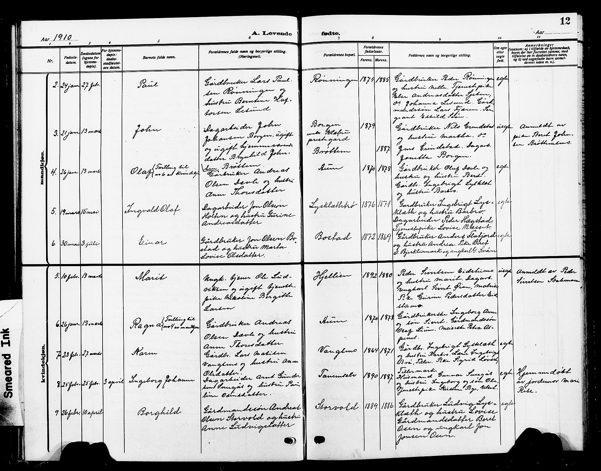 Ministerialprotokoller, klokkerbøker og fødselsregistre - Sør-Trøndelag, SAT/A-1456/618/L0453: Parish register (copy) no. 618C04, 1907-1925, p. 12
