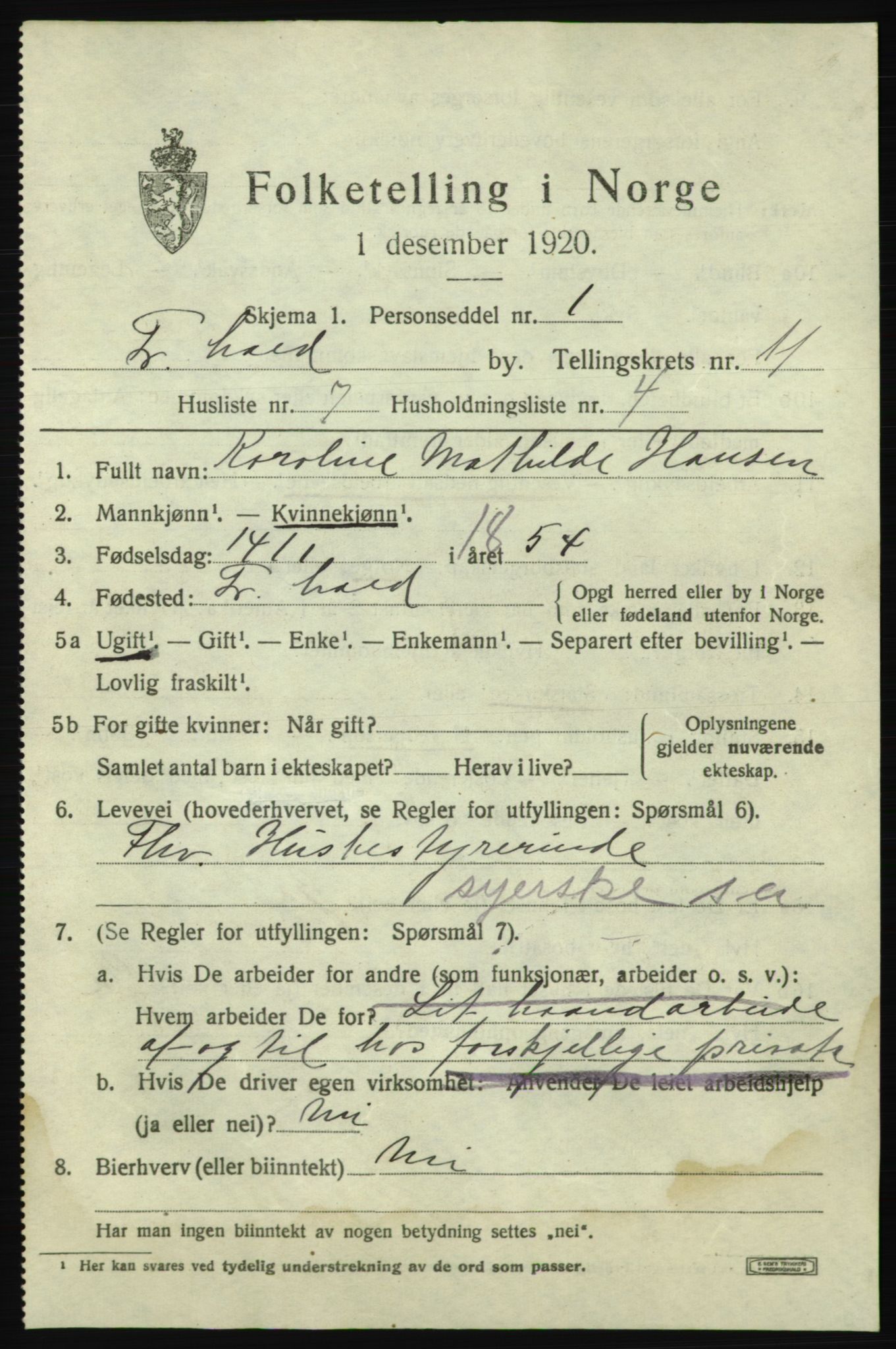 SAO, 1920 census for Fredrikshald, 1920, p. 18973