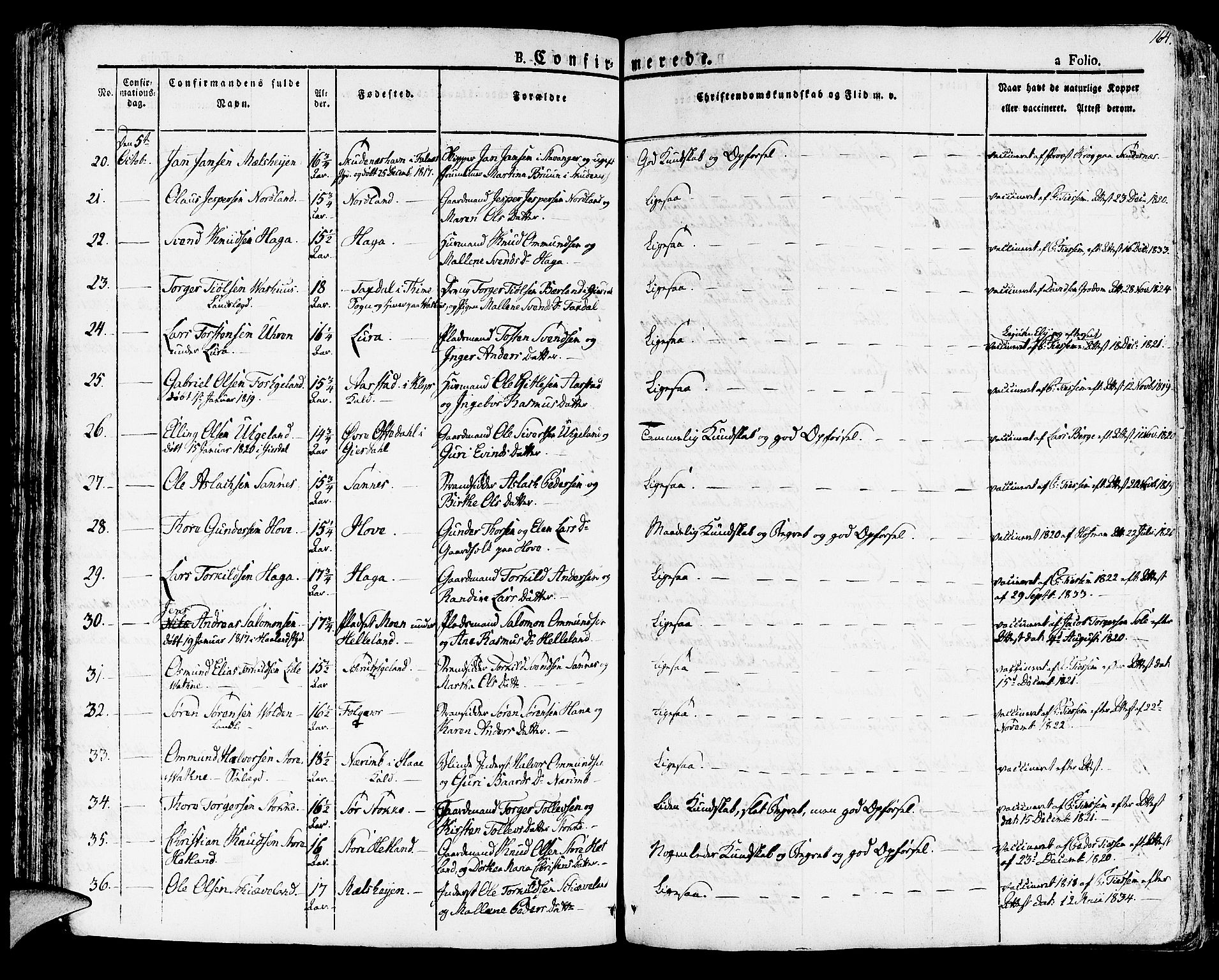 Høyland sokneprestkontor, SAST/A-101799/001/30BA/L0007: Parish register (official) no. A 7 /1, 1825-1841, p. 164