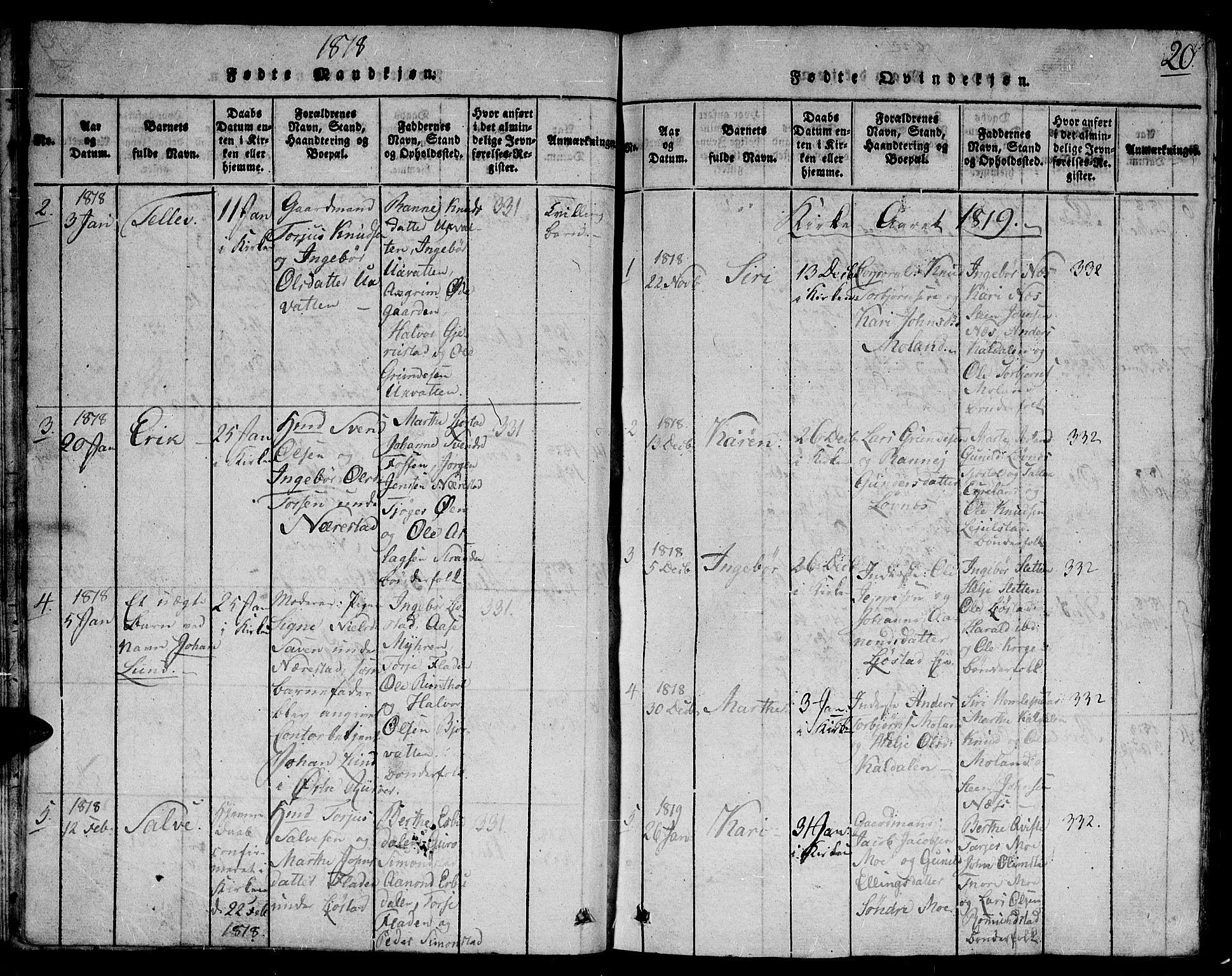 Gjerstad sokneprestkontor, SAK/1111-0014/F/Fb/Fbb/L0001: Parish register (copy) no. B 1, 1813-1863, p. 20