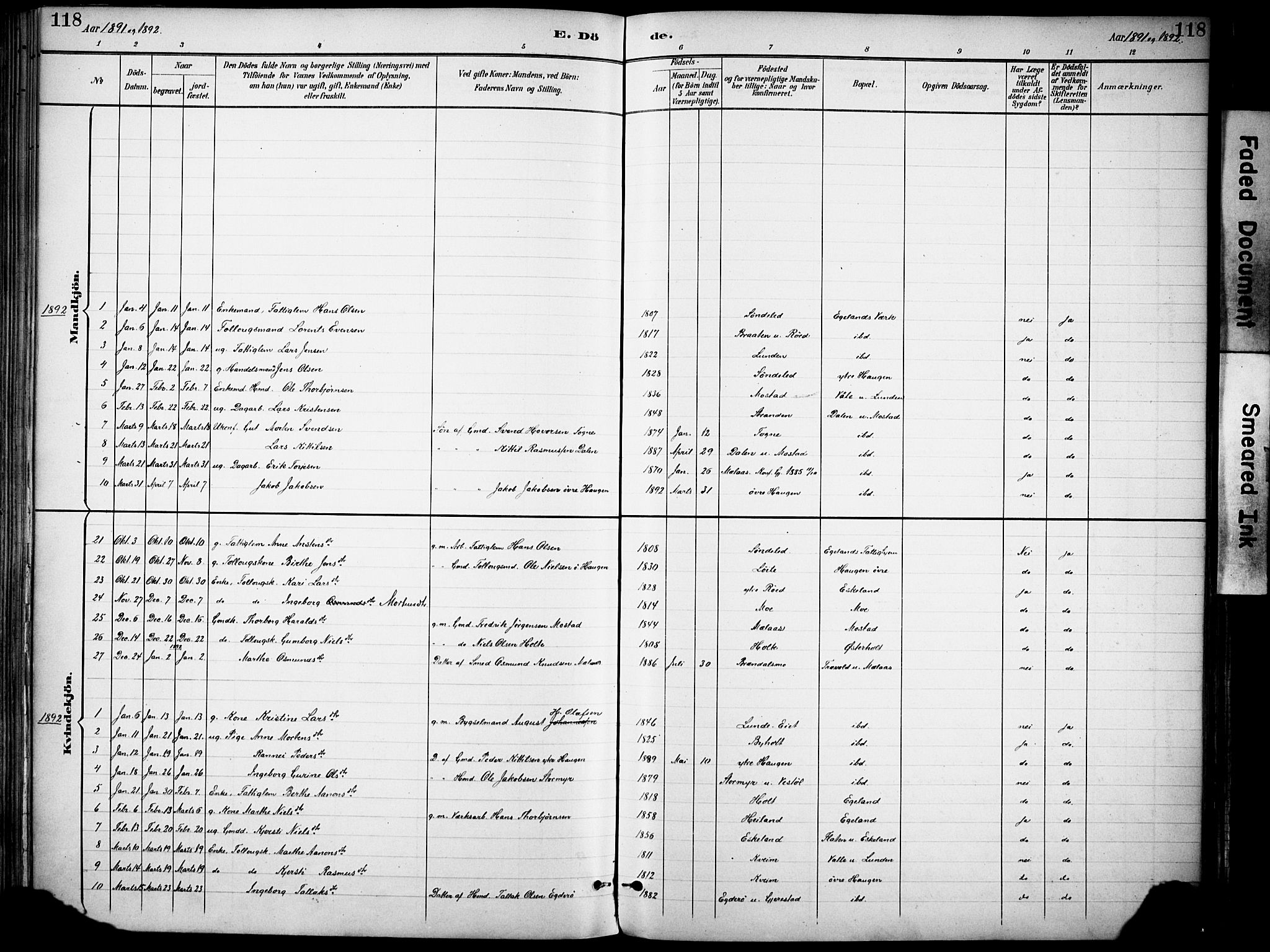 Gjerstad sokneprestkontor, AV/SAK-1111-0014/F/Fa/Faa/L0010: Parish register (official) no. A 10, 1891-1902, p. 118