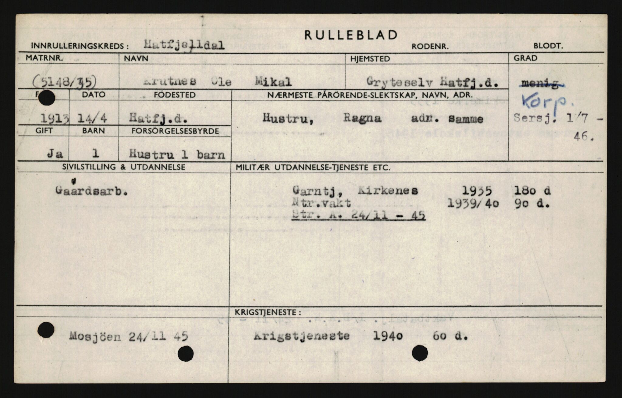 Forsvaret, Sør-Hålogaland landforsvar, AV/RA-RAFA-2552/P/Pa/L0302: Personellmapper for slettet personell, yrkesbefal og vernepliktig befal, født 1913-1916, 1932-1976, p. 99