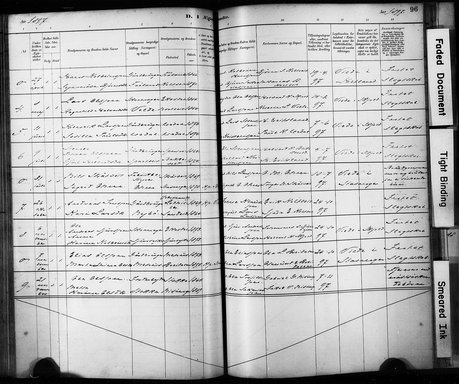 Skjold sokneprestkontor, AV/SAST-A-101847/H/Ha/Haa/L0009: Parish register (official) no. A 9, 1882-1898, p. 96