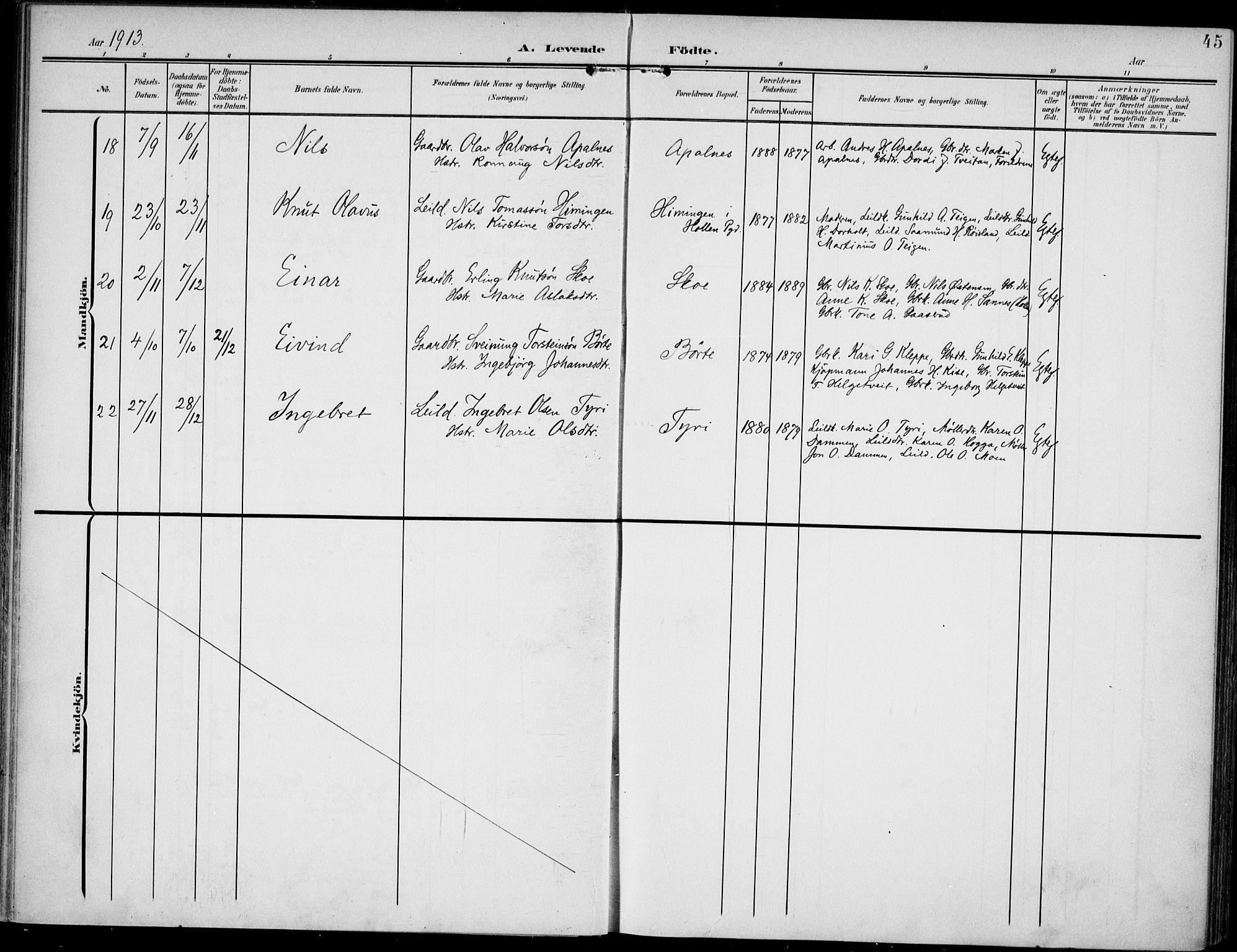Lunde kirkebøker, AV/SAKO-A-282/F/Fa/L0004: Parish register (official) no. I 4, 1902-1913, p. 45