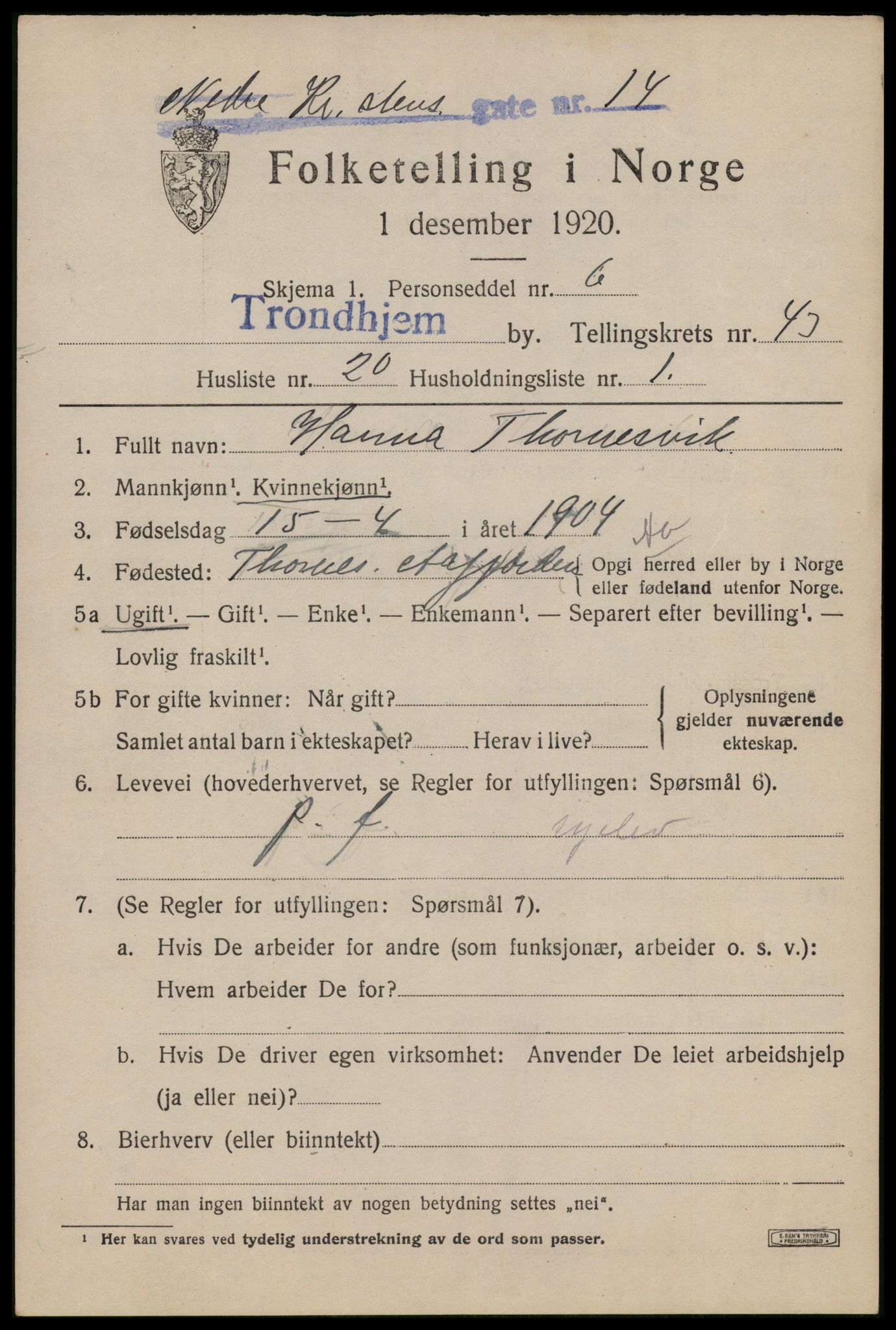 SAT, 1920 census for Trondheim, 1920, p. 94142