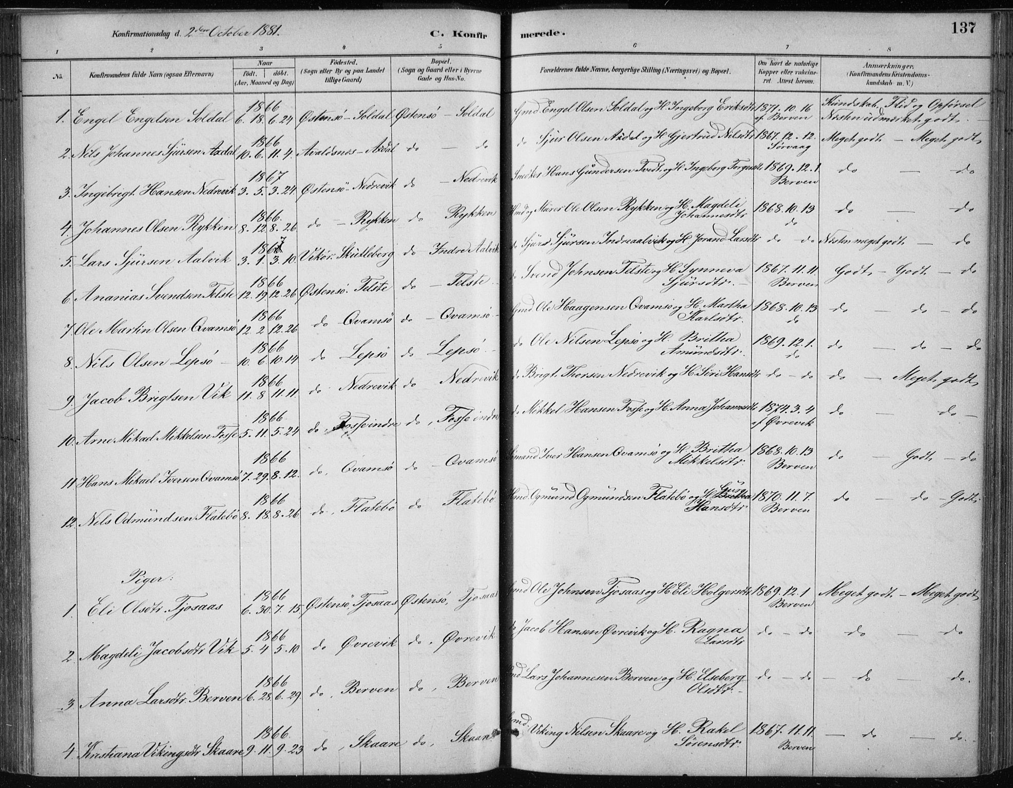 Kvam sokneprestembete, SAB/A-76201/H/Haa: Parish register (official) no. C  1, 1880-1906, p. 137
