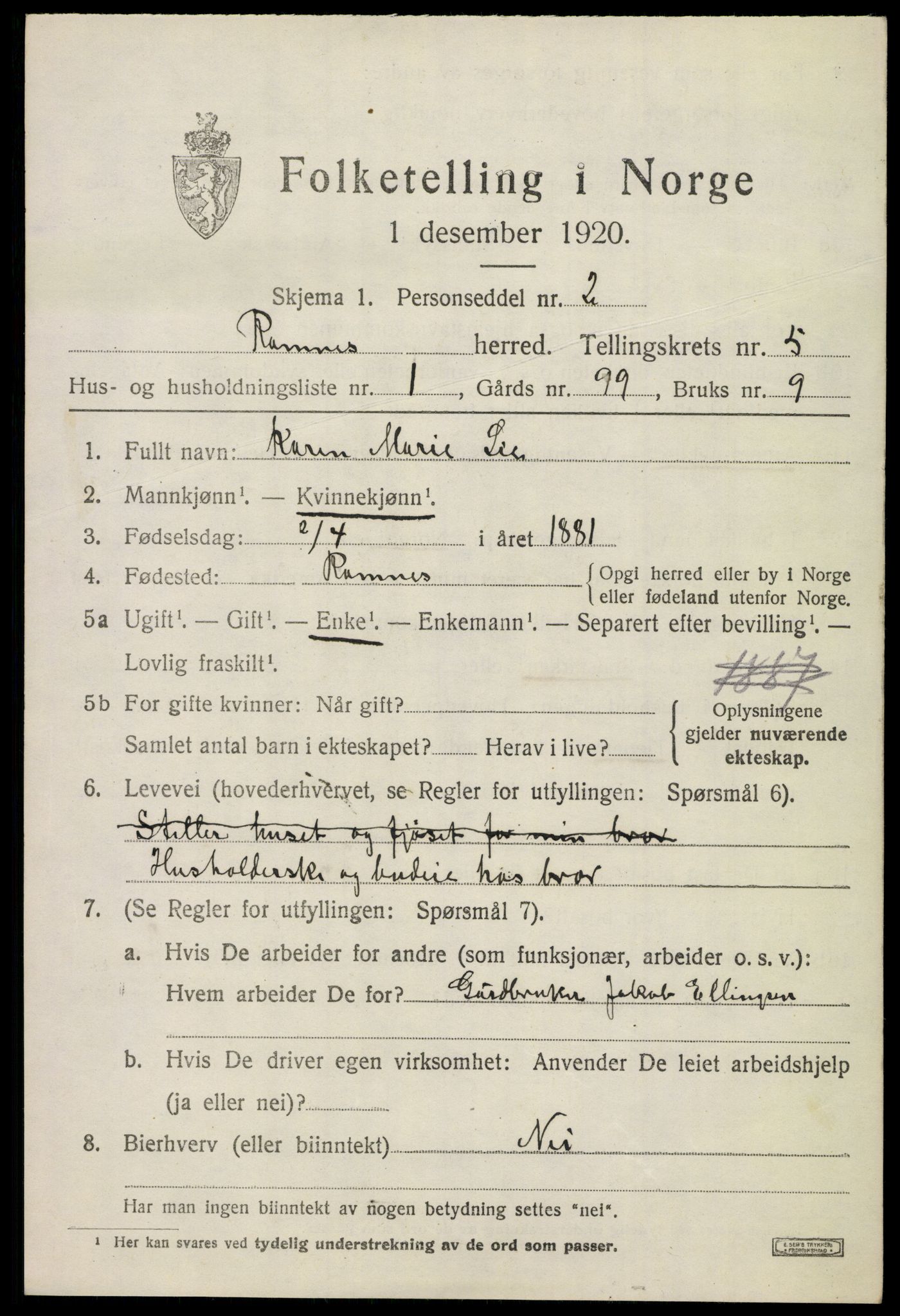 SAKO, 1920 census for Ramnes, 1920, p. 4976